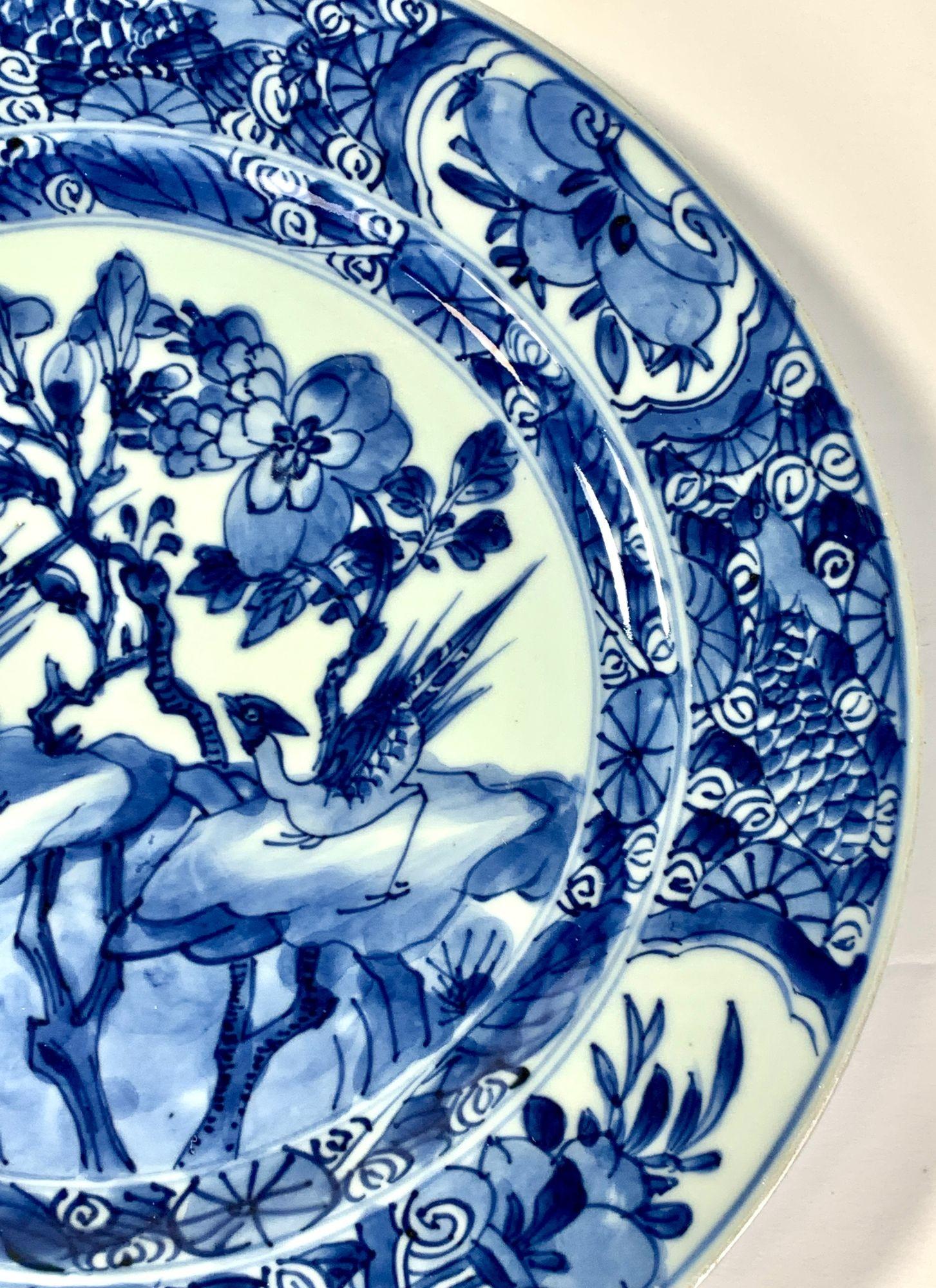Set Six Large Blue and White Chinese Porcelain Plates Hand-Painted Kangxi Era 1
