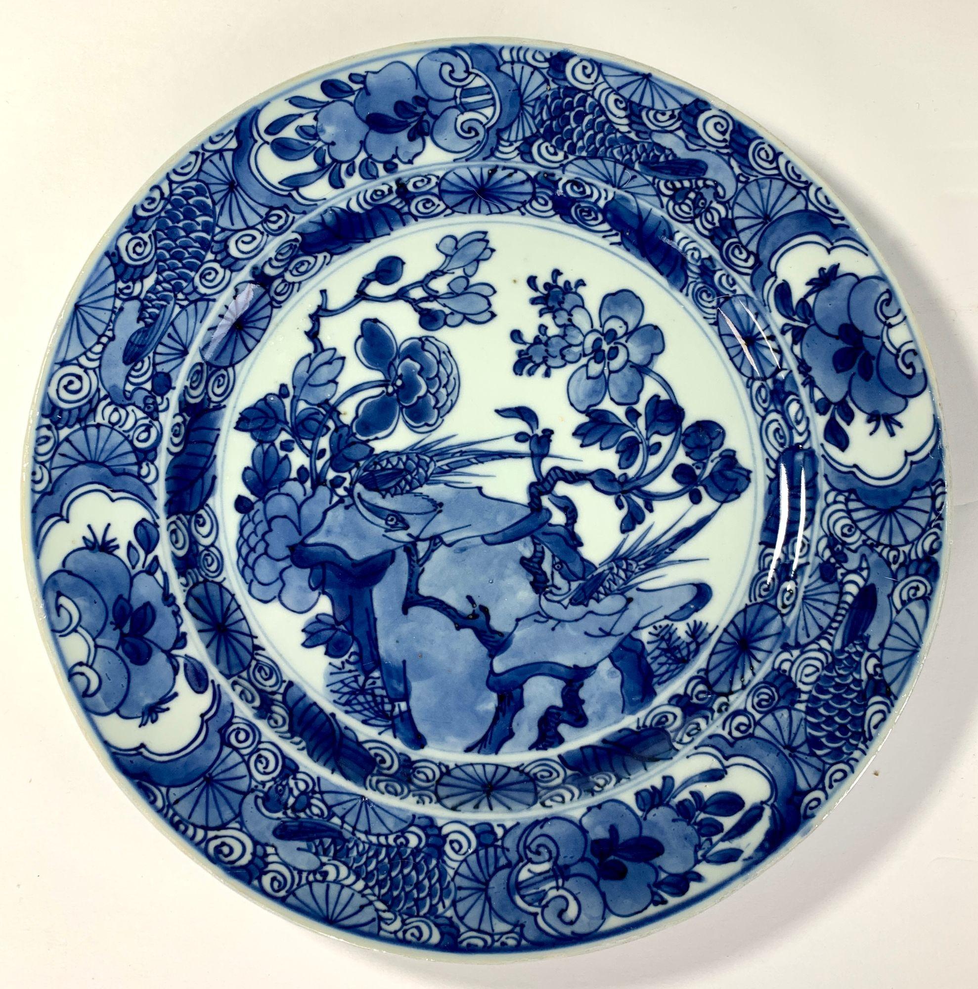 Set Six Large Blue and White Chinese Porcelain Plates Hand-Painted Kangxi Era 2