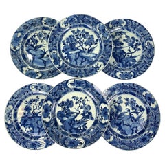 Set Six Large Blue and White Chinese Porcelain Plates Hand-Painted Kangxi Era