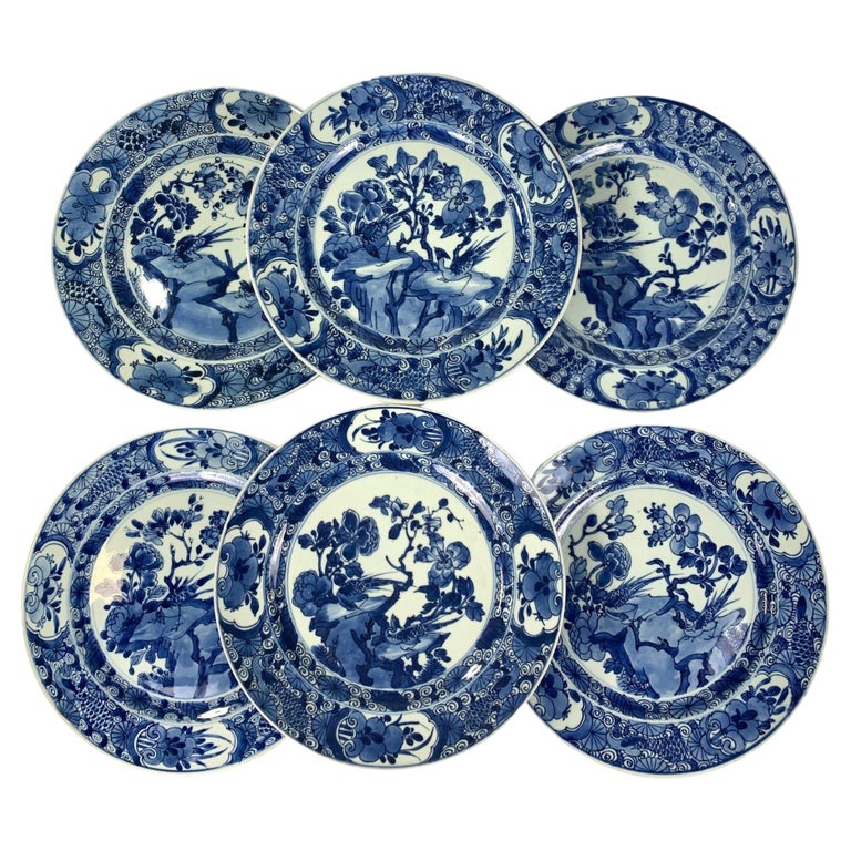 Set Six Large Blue and White Chinese Porcelain Plates HandPainted