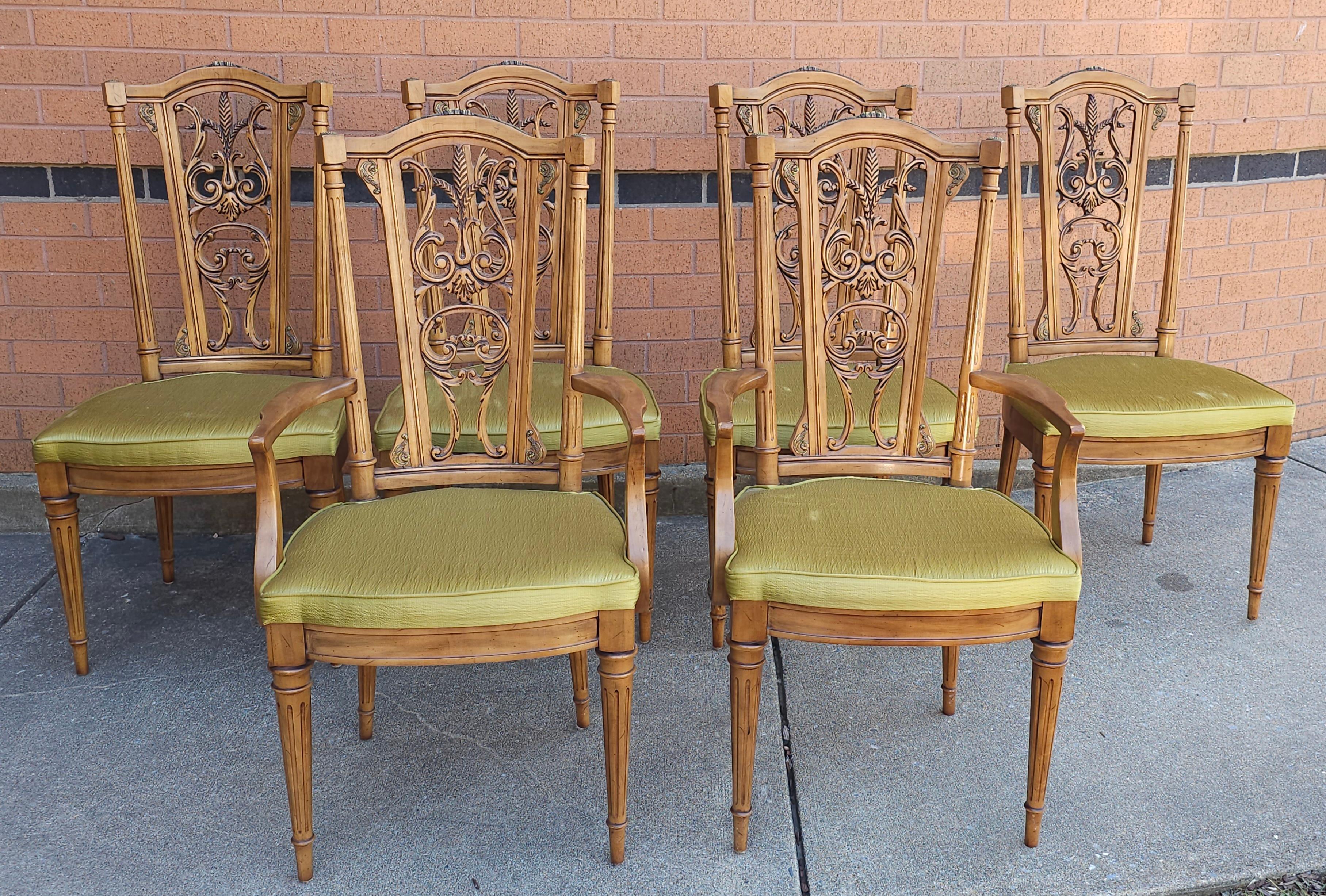 Set Six Louis XVI Brass Mounted Carved French Walnut Dining Chairs For Sale 12