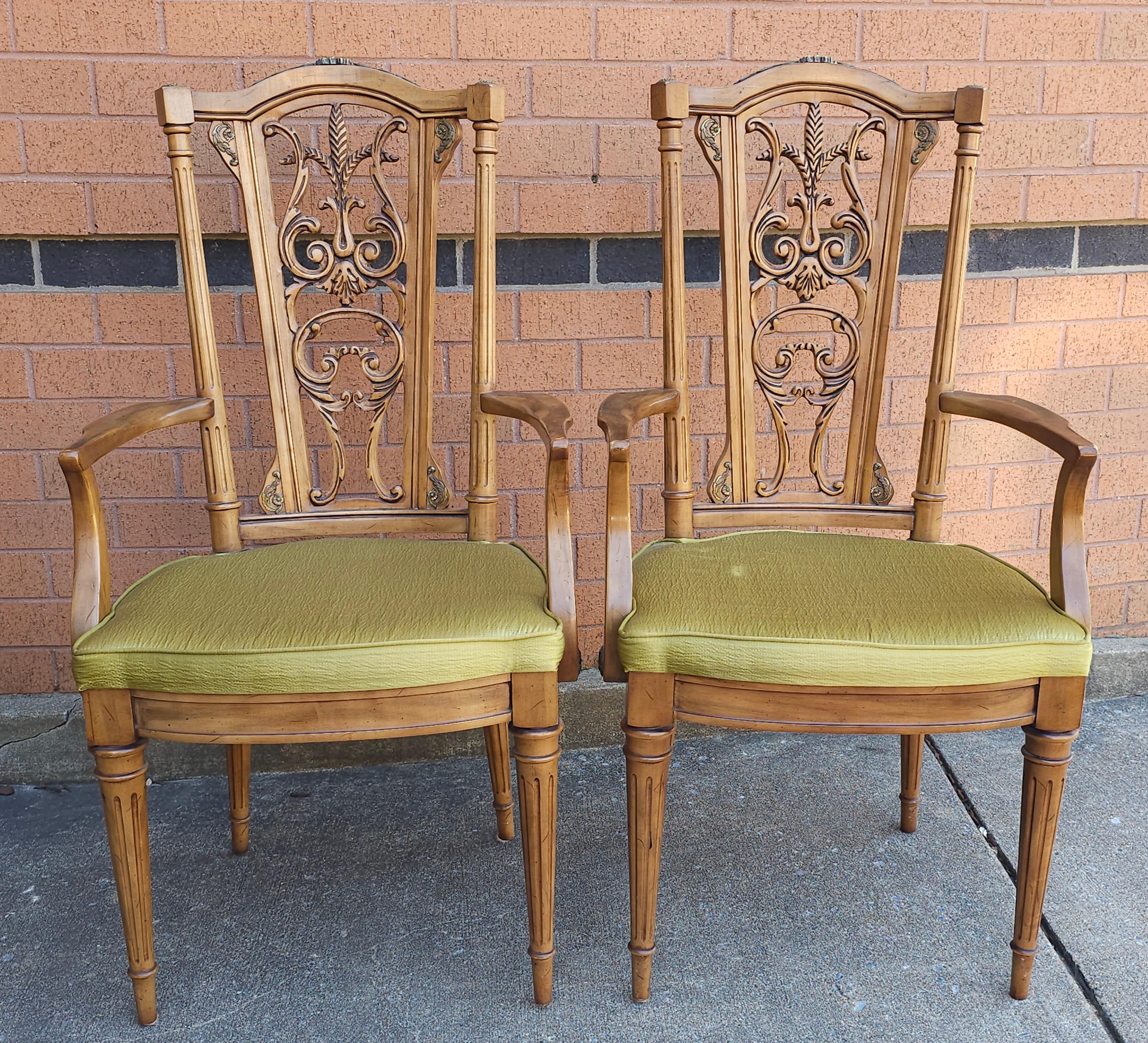 American Set Six Louis XVI Brass Mounted Carved French Walnut Dining Chairs For Sale