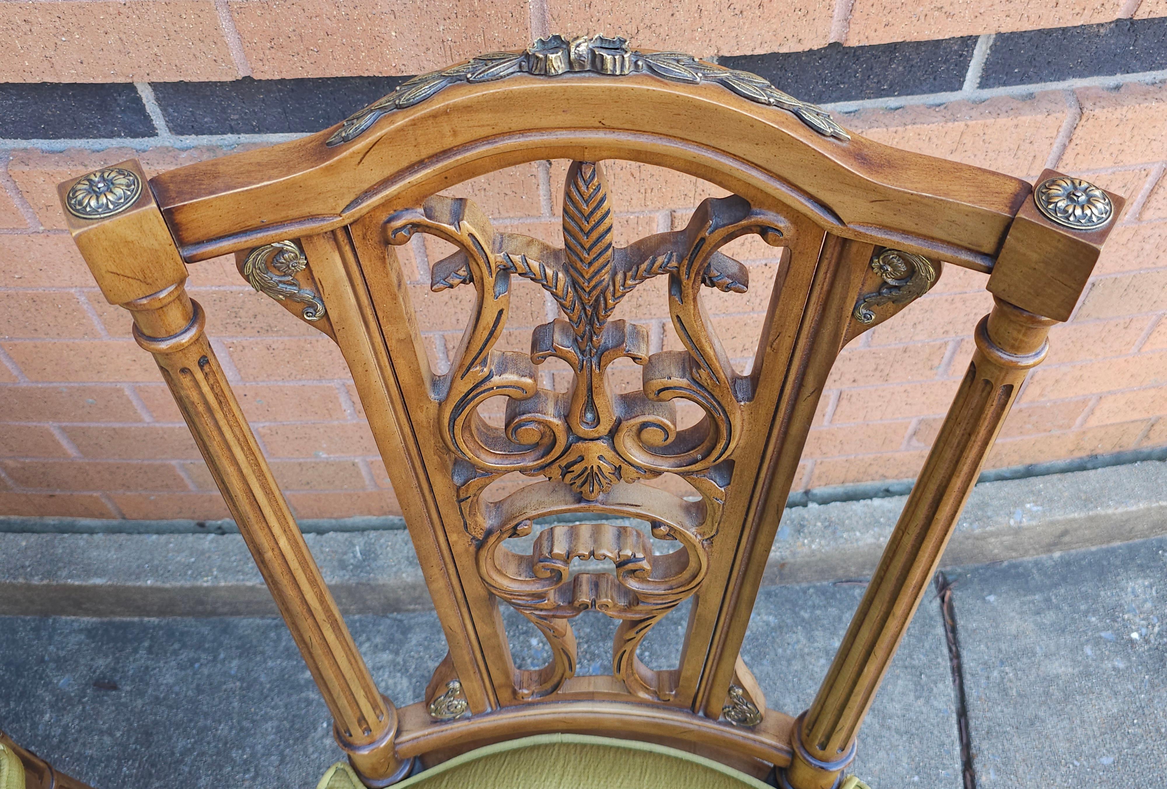 Set Six Louis XVI Brass Mounted Carved French Walnut Dining Chairs In Good Condition For Sale In Germantown, MD