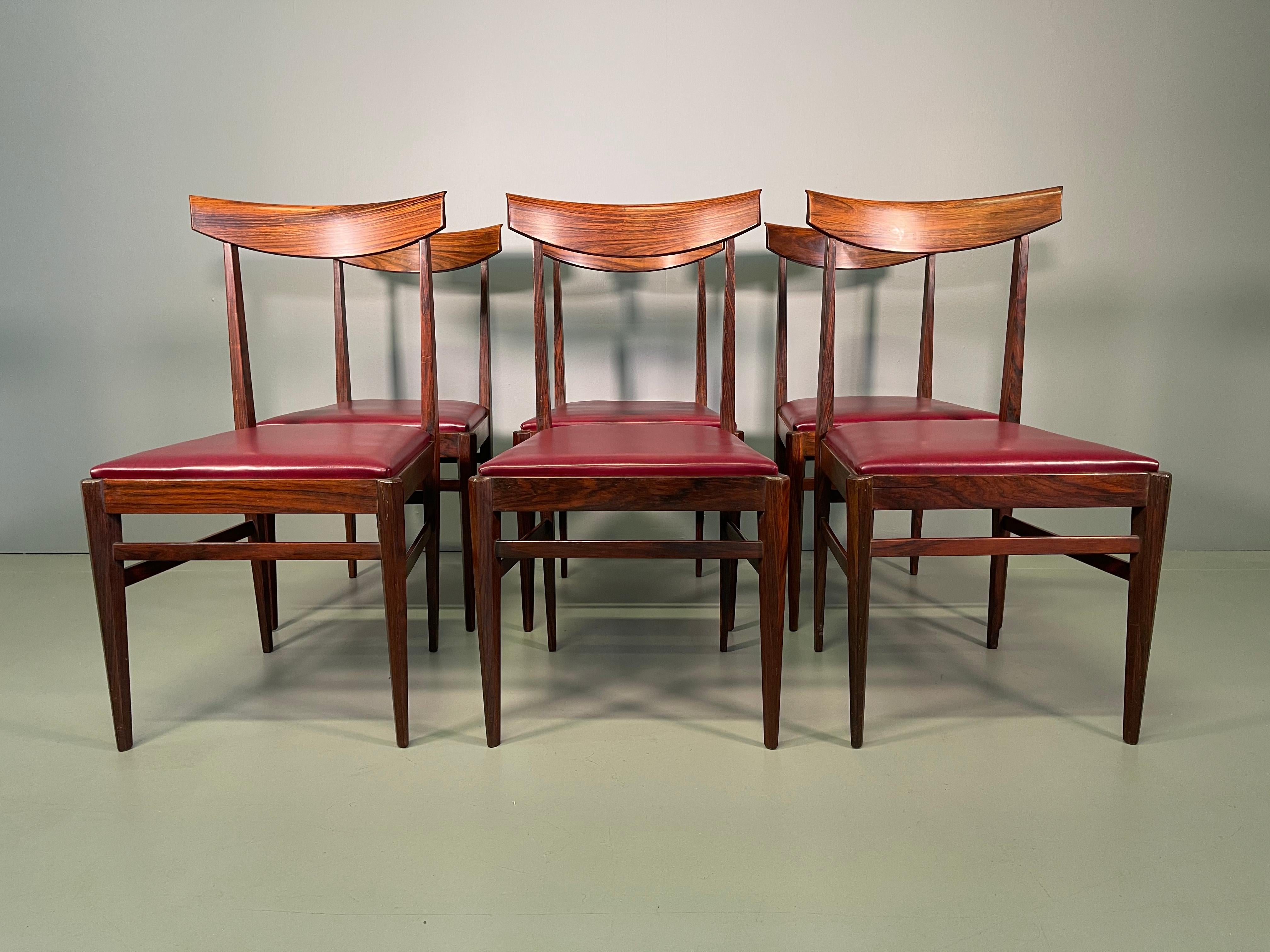 Incroyable ensemble rare de six chaises de luxe Vittorio Dassi Lissone en bois de rose.