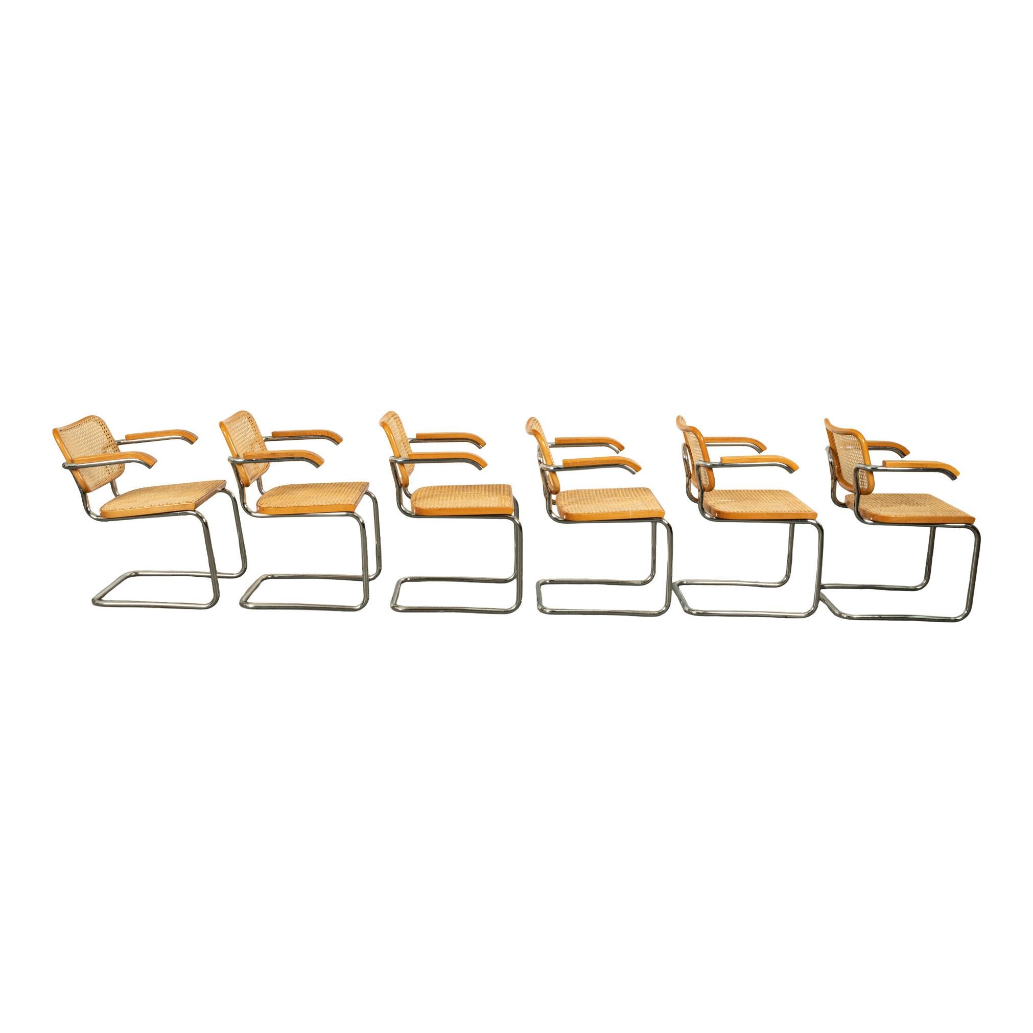 Set Six Marcel Breuer Mid Century Modern Cesca Chairs Knoll International 1973 In Good Condition For Sale In Portland, OR