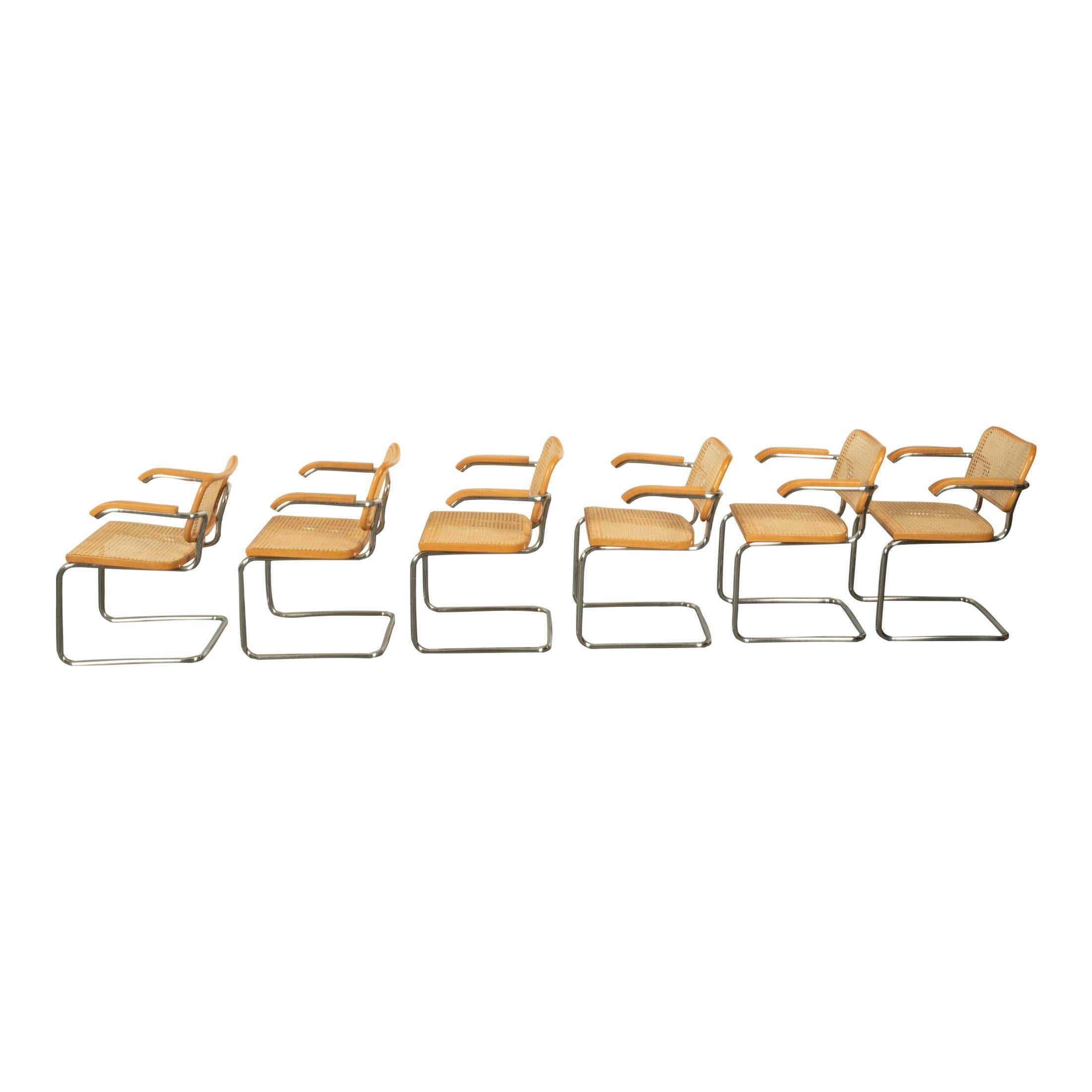 Set Six Marcel Breuer Mid Century Modern Cesca Chairs Knoll International 1973 For Sale 1