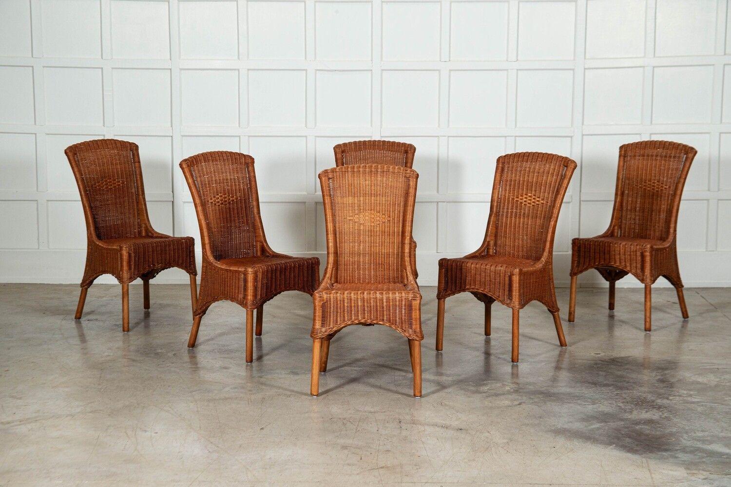 Osier Ensemble de six chaises de salle à manger en osier anglais du milieu du 20e siècle en vente