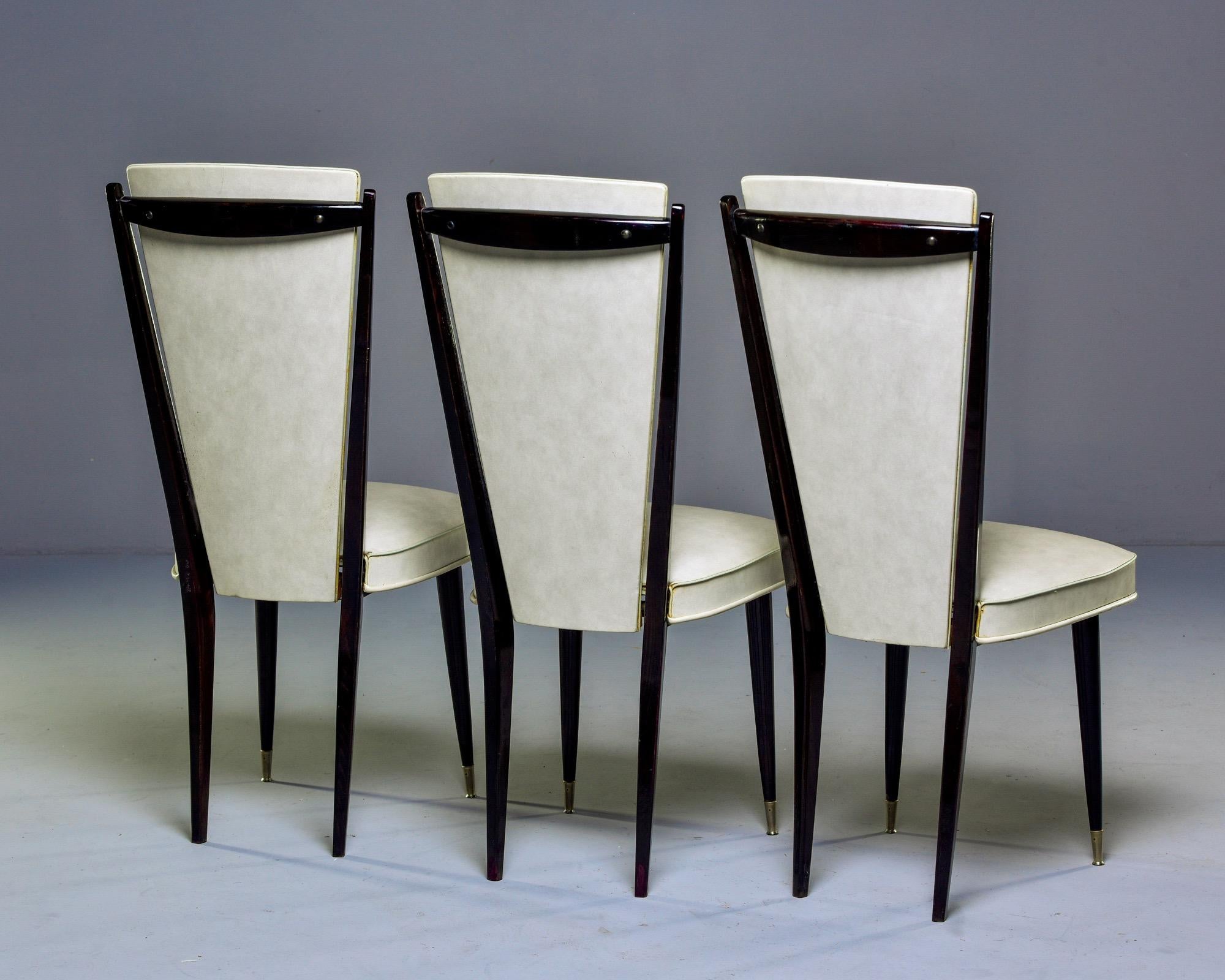 Brass Set of Six Midcentury French Macassar Dining Chairs in Original Vinyl For Sale