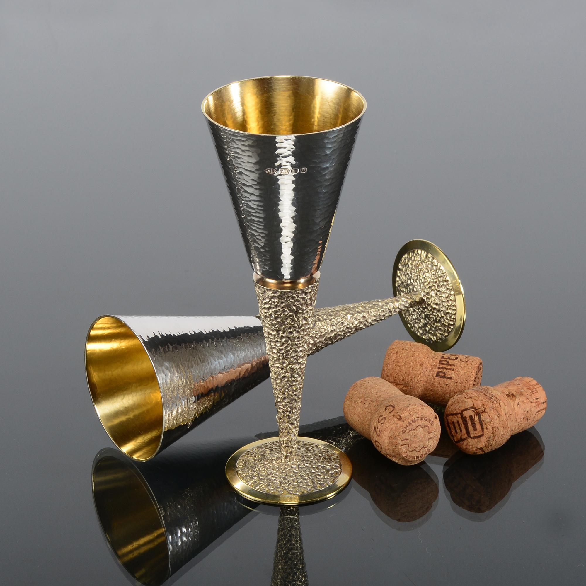 Mid-Century Modern Set six mid-century silver & gilt Champagne flutes For Sale