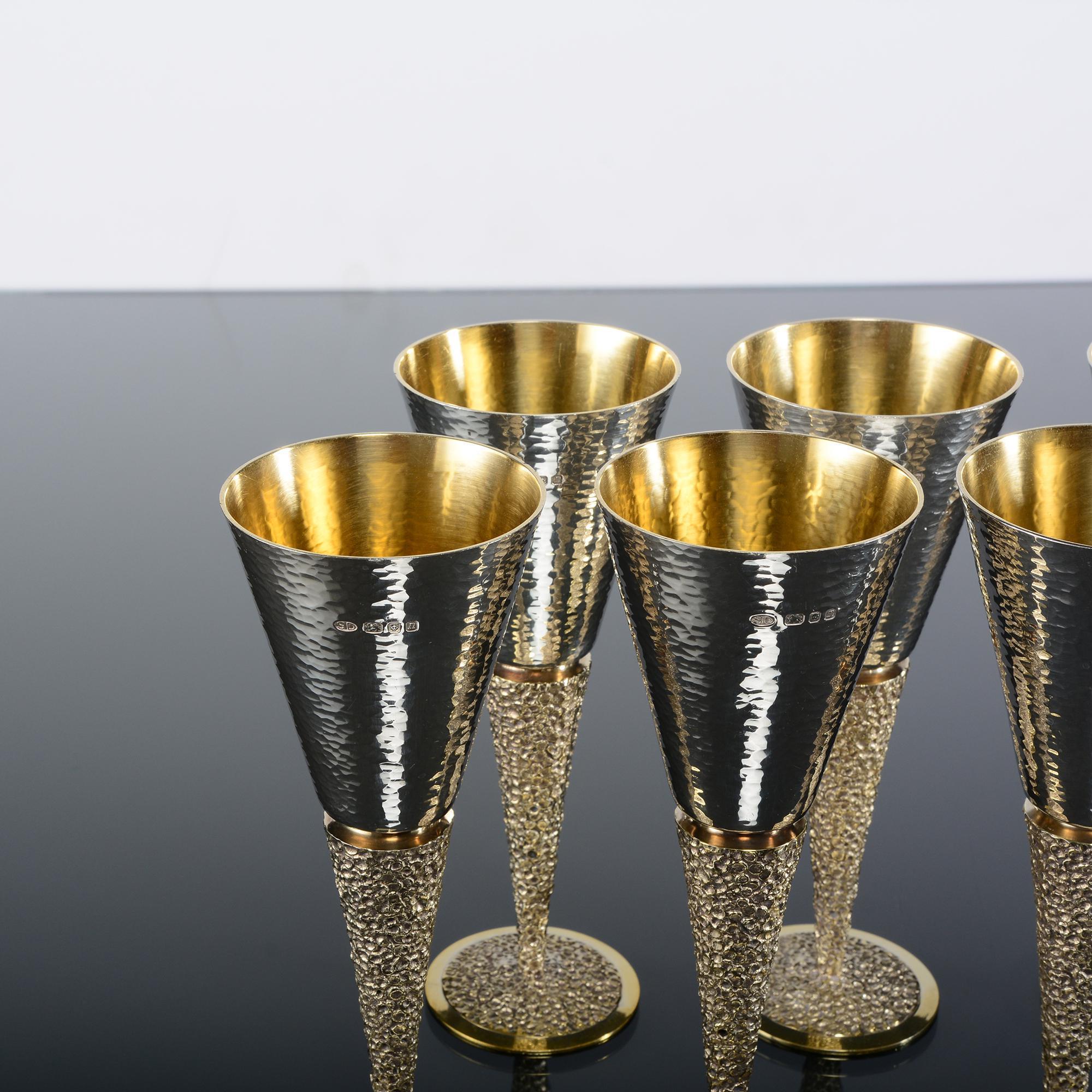 20th Century Set six mid-century silver & gilt Champagne flutes For Sale