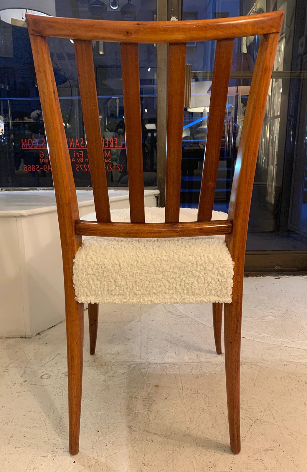 Walnut Set of Six Mid-Century Slat-Back Dining Chairs in Boucle Fabric