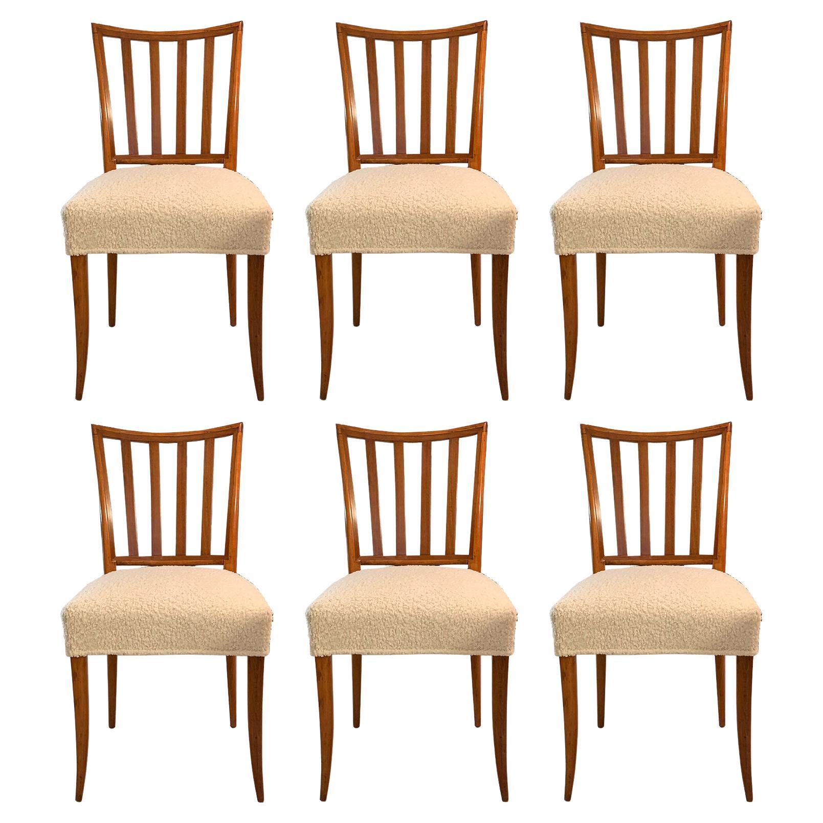 Set of Six Mid-Century Slat-Back Dining Chairs in Boucle Fabric