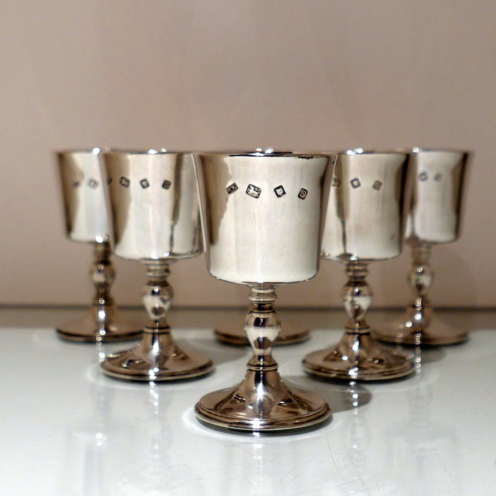 British Set Six Modern Sterling Silver Wine Goblets London 1973 Mappin & Webb For Sale