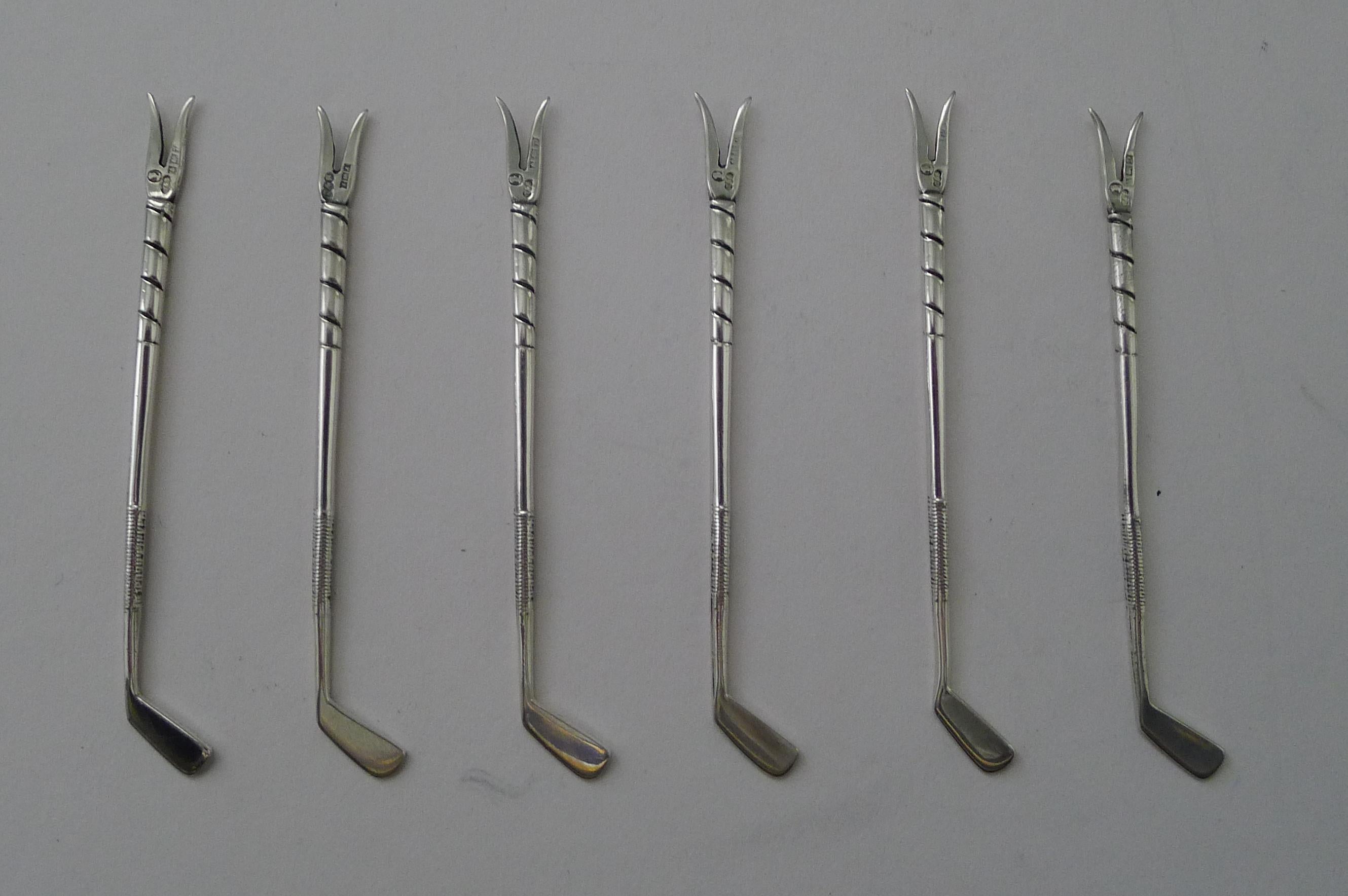 Set Six Novelty Solid / Sterling Silver Golf Club Cocktail Sticks For Sale 4