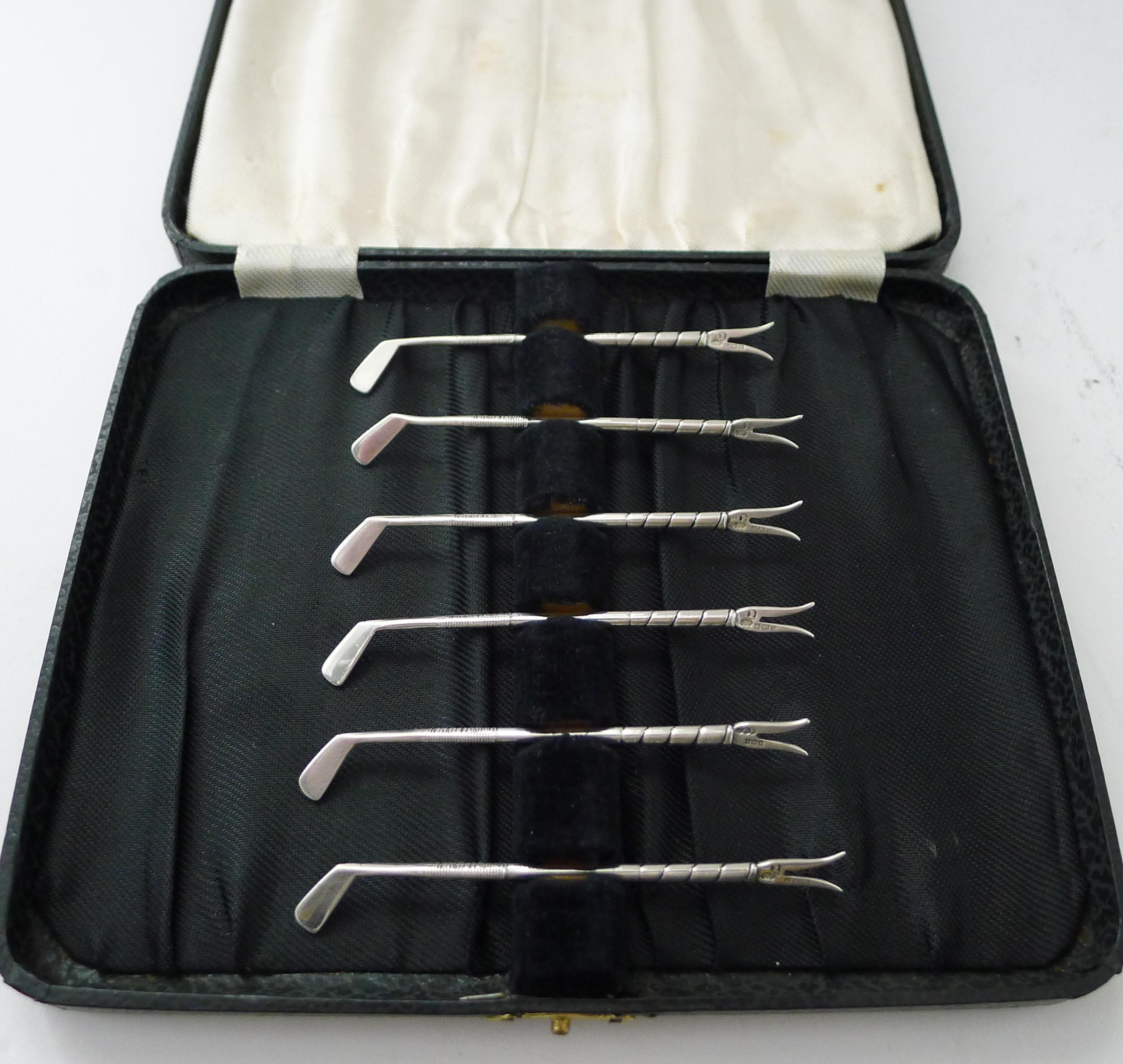 Mid-Century Modern Set Six Novelty Solid / Sterling Silver Golf Club Cocktail Sticks For Sale