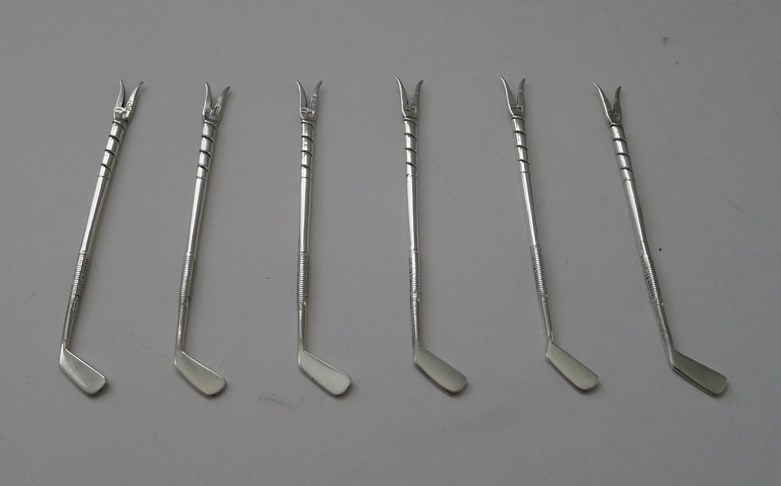 Set Six Novelty Solid / Sterling Silver Golf Club Cocktail Sticks For Sale 3