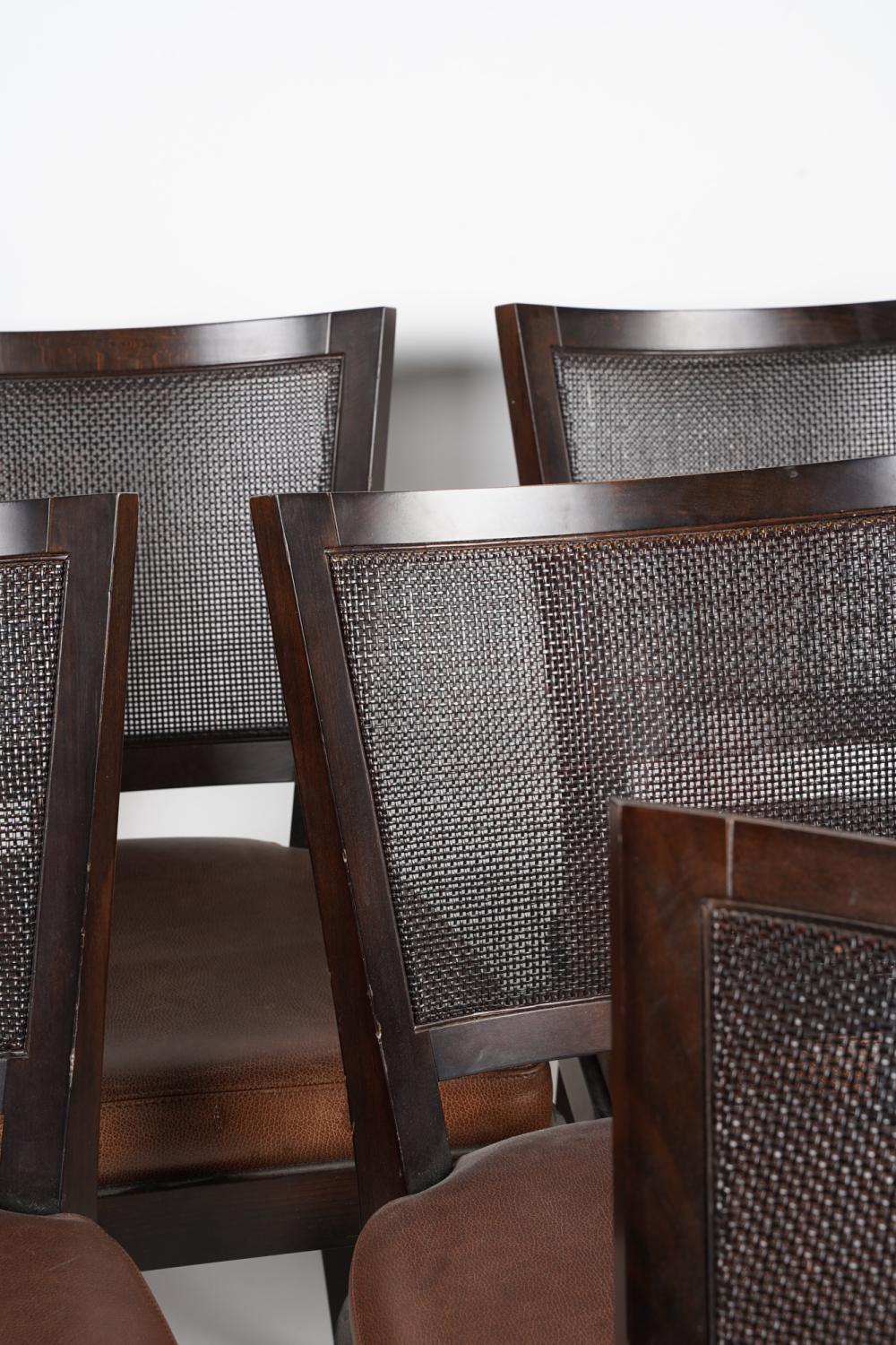 Hand-Crafted Set Six Promemoria Caffe Caned Leather Dining Chairs Contemporary Italian C 2000 For Sale