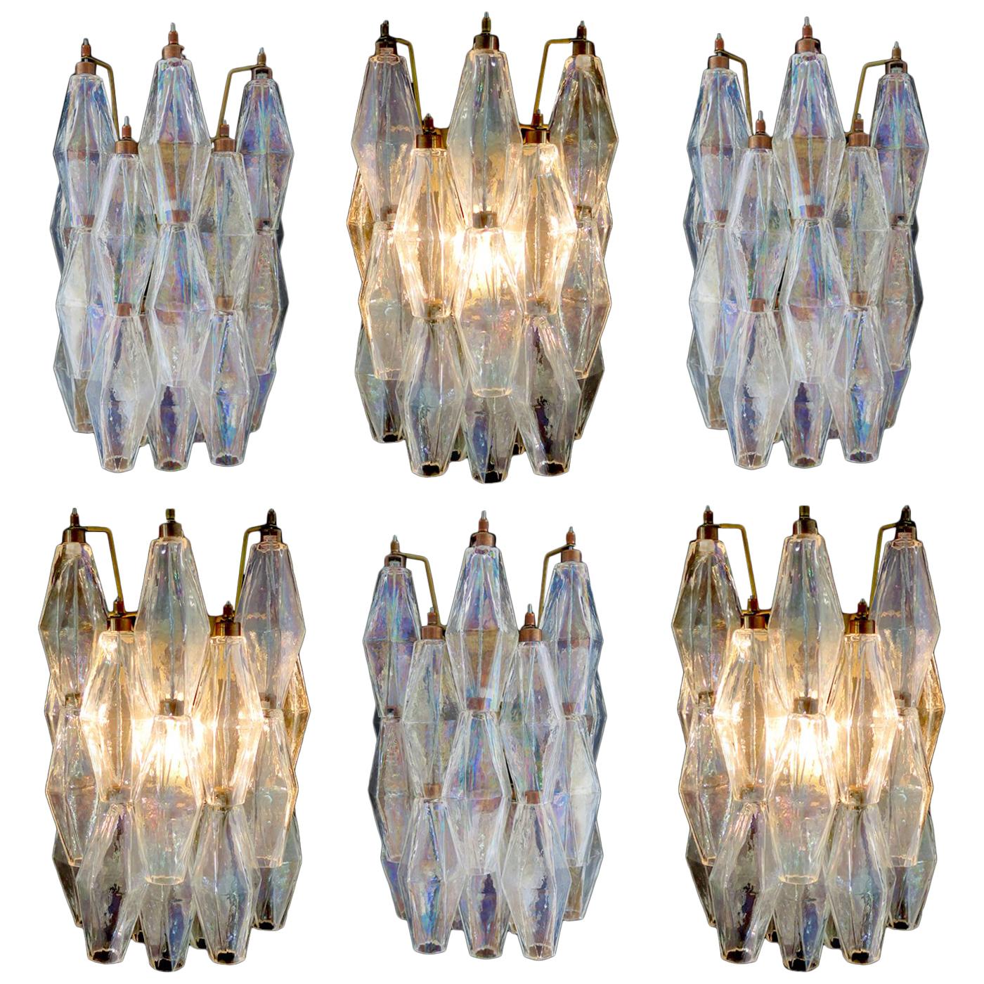 Set Six Sconces Iridescent Glass "Poliedri", Carlo Scarpa Style, Murano, 1970s For Sale