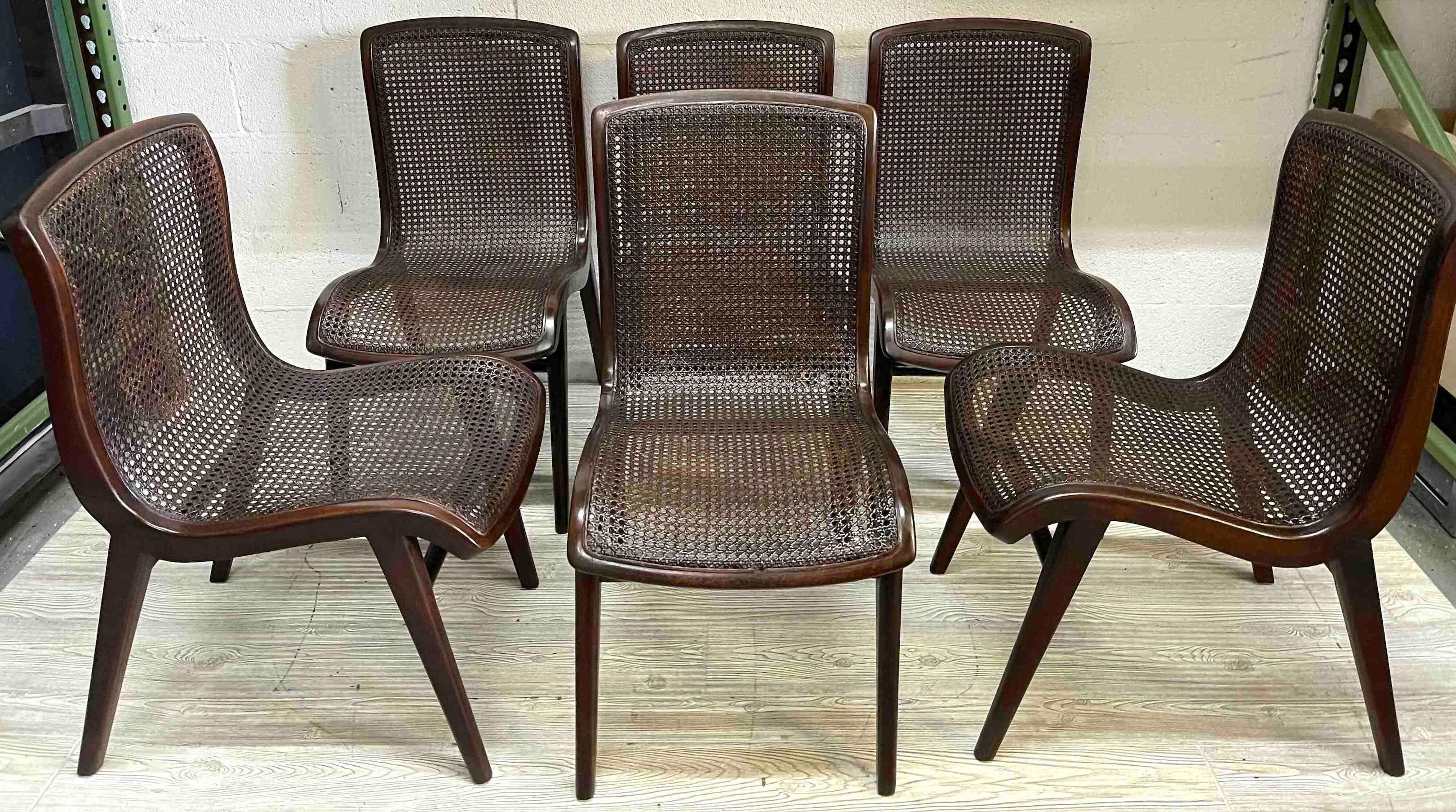 Set Six Sleek French Modern Cantilever Woven Cane Dining Chairs For Sale 9