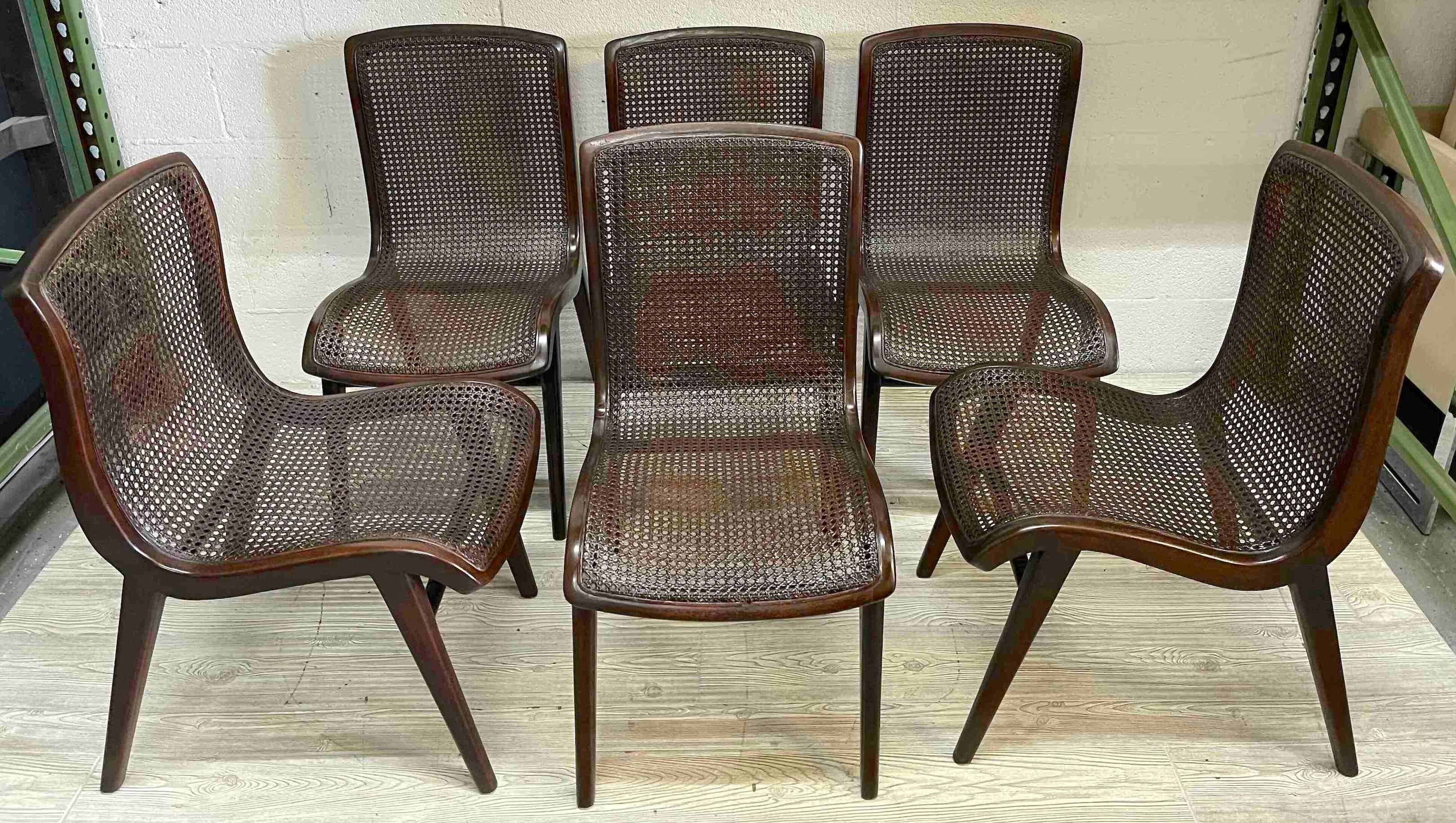 Sechs elegante moderne französische freitragende geflochtene Rohrstühle
Frankreich, ca. 1950er Jahre 

Ein Set aus sechs eleganten French Modern Freischwinger-Esszimmerstühlen aus geflochtenem Schilfrohr strahlt Raffinesse und zeitlosen Stil aus.