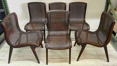 Set Six Sleek French Modern Cantilever Woven Cane Dining Chairs