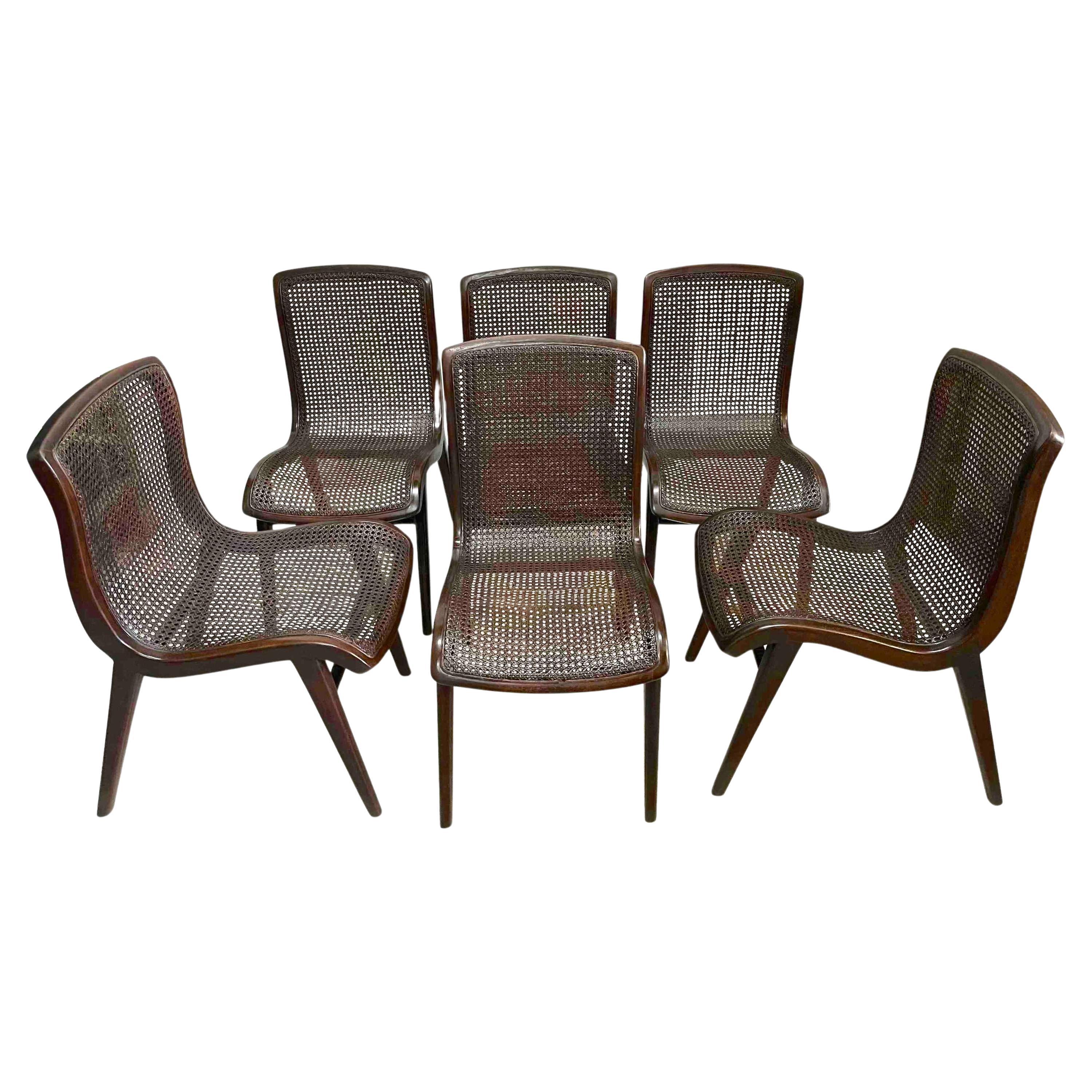 Set Six Sleek French Modern Cantilever Woven Cane Dining Chairs For Sale