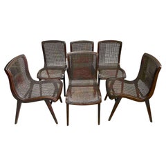 Vintage Set Six Sleek French Modern Cantilever Woven Cane Dining Chairs