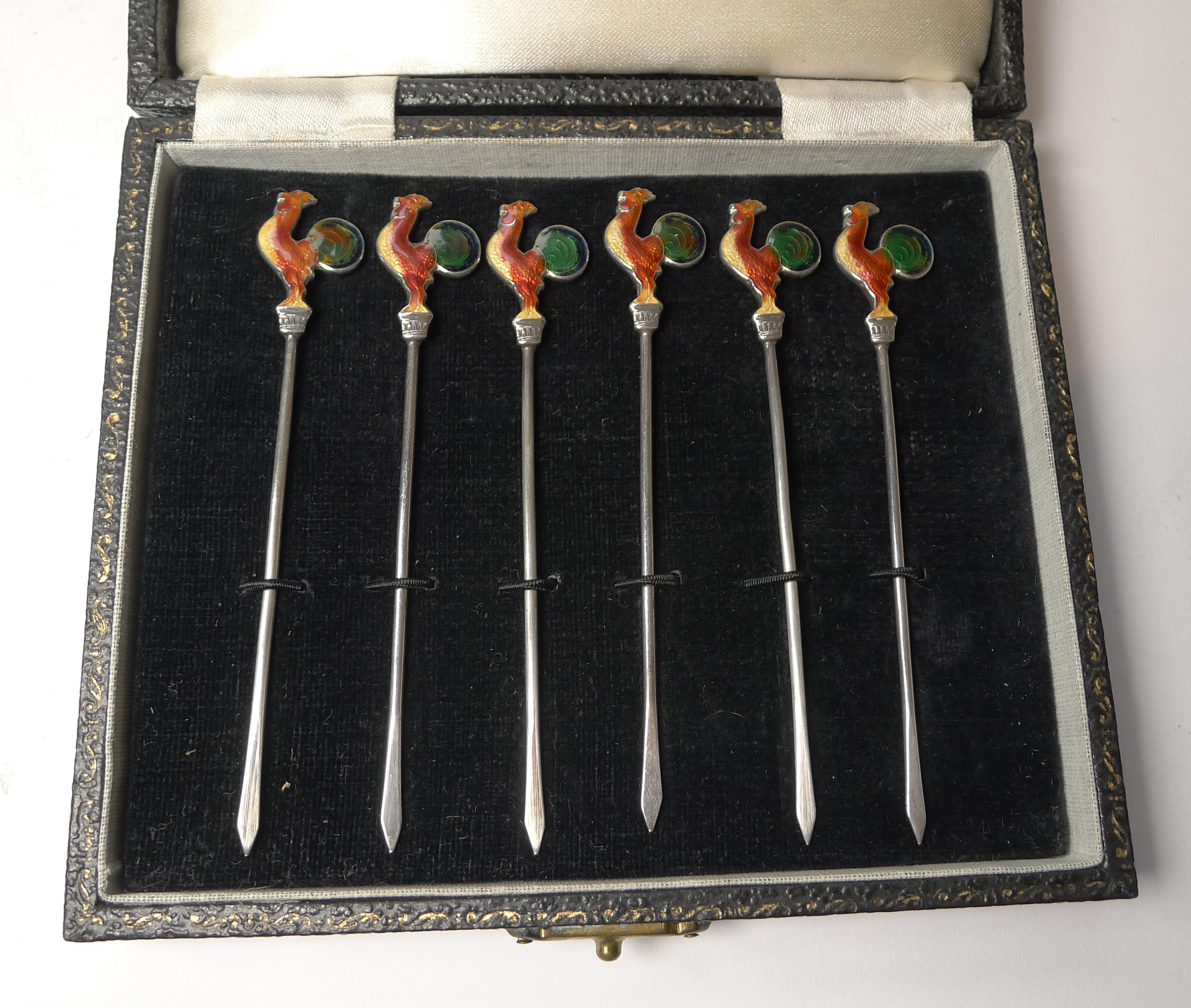 European Set Six Solid Sterling Silver & Enamel Cocktail Sticks, c.1940