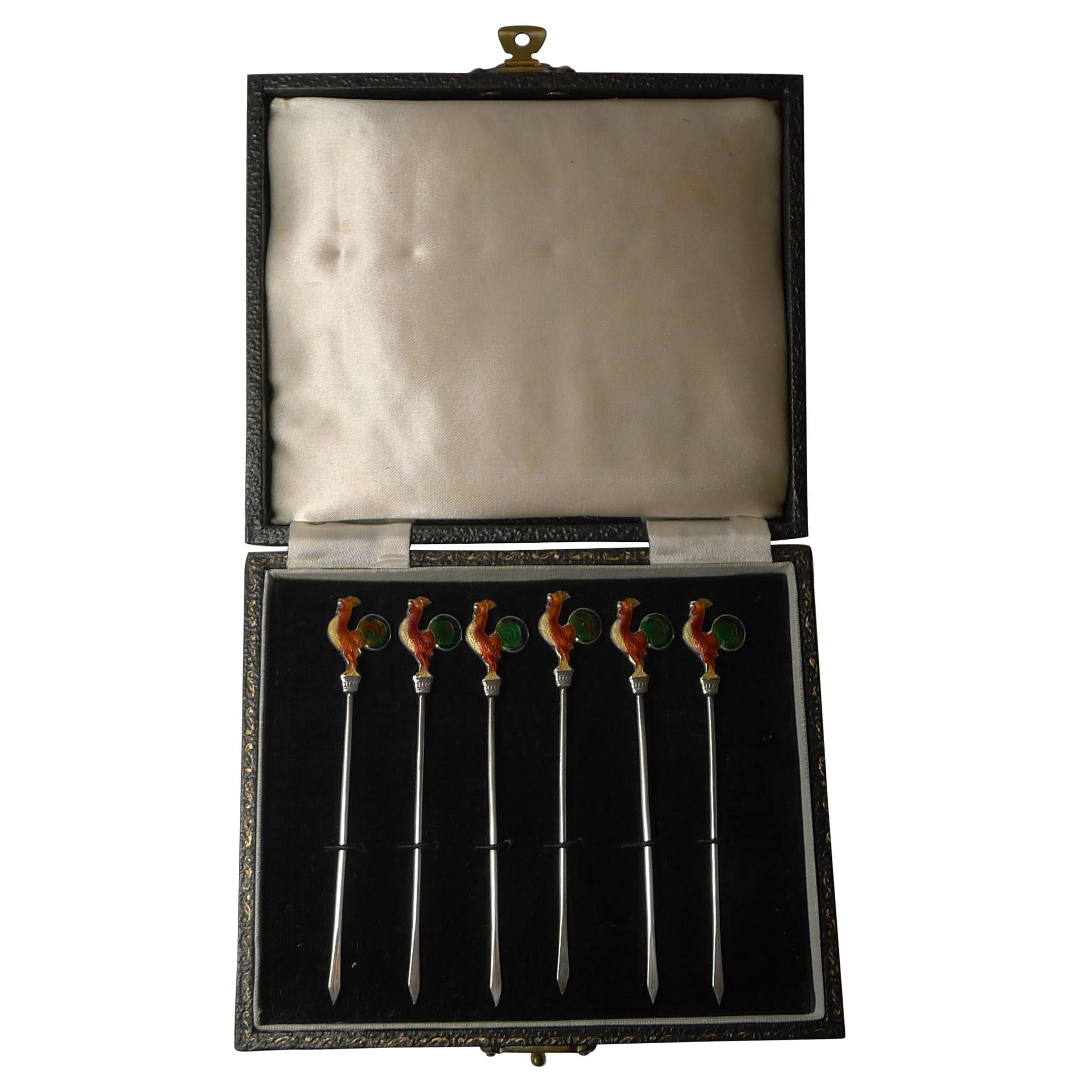 Set Six Solid Sterling Silver & Enamel Cocktail Sticks, c.1940
