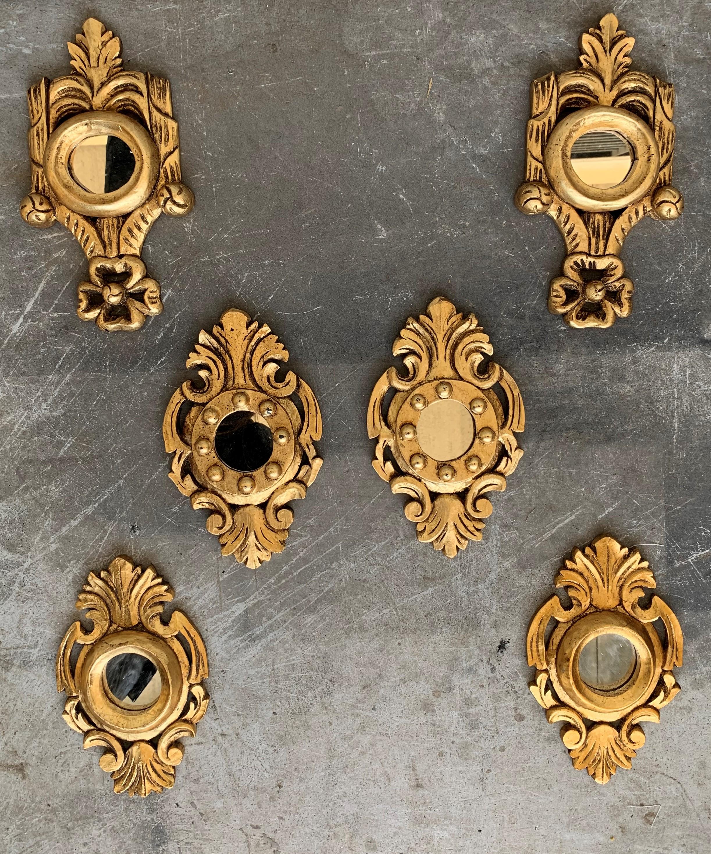 20th Century Set of Six Spanish 1920s Rococo Style Carved Gold Leaf Giltwood Mirrors