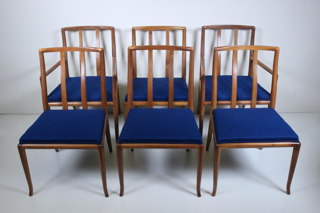 Set of Six T.H. Robsjohn-Gibbings for Widdicomb Furniture Company Solid Black Walnut Upholstered 4 Arm and 4 Side Dining Chairs. Featuring refinished curved contoured spindle type backs with flat front and rounded to rear, sturdy sabre front legs,