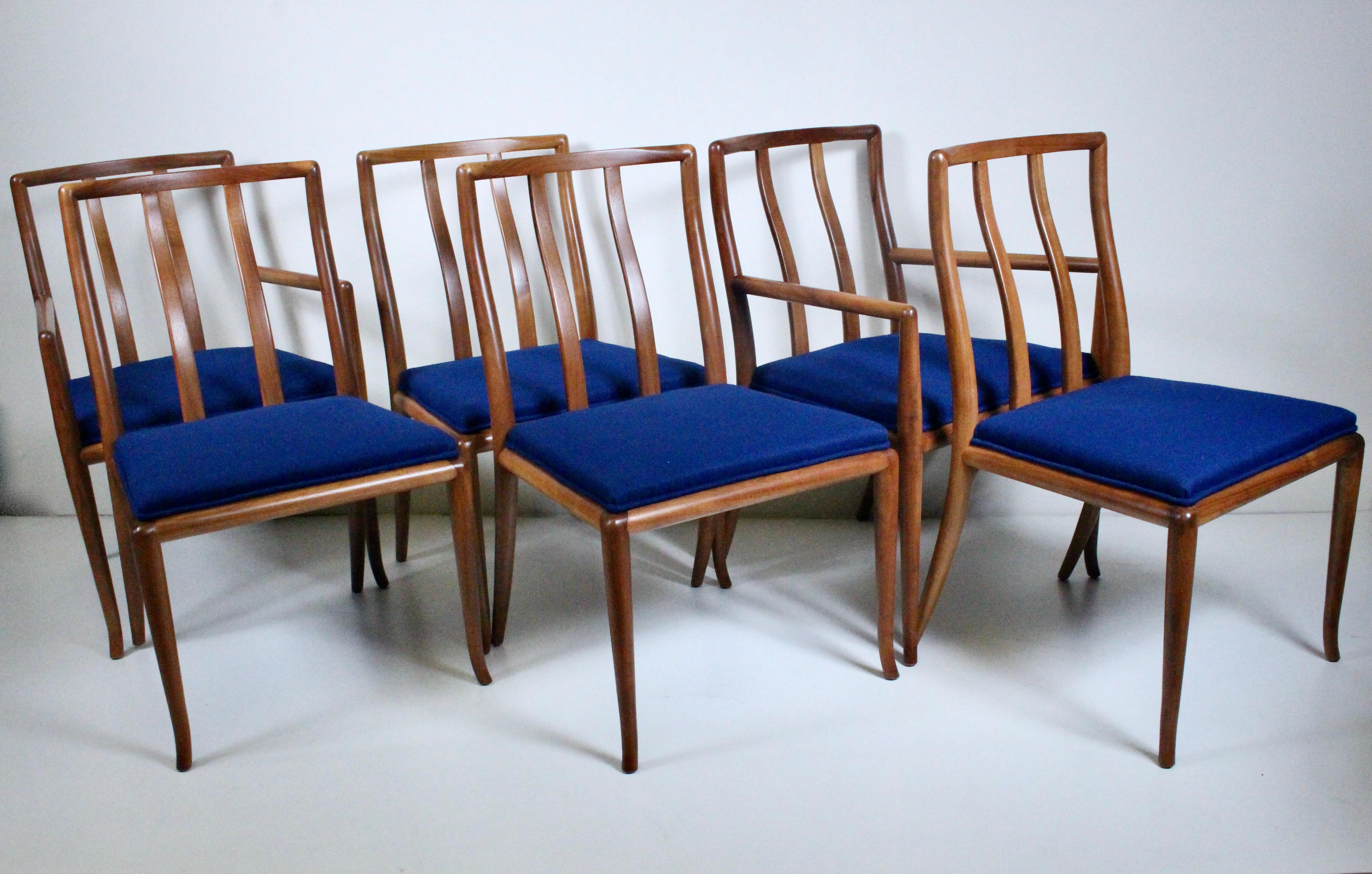 Mid-Century Modern Set Six T. H. Robsjohn Gibbings for Widdicomb Sabre Walnut Dining Chairs, 1950's
