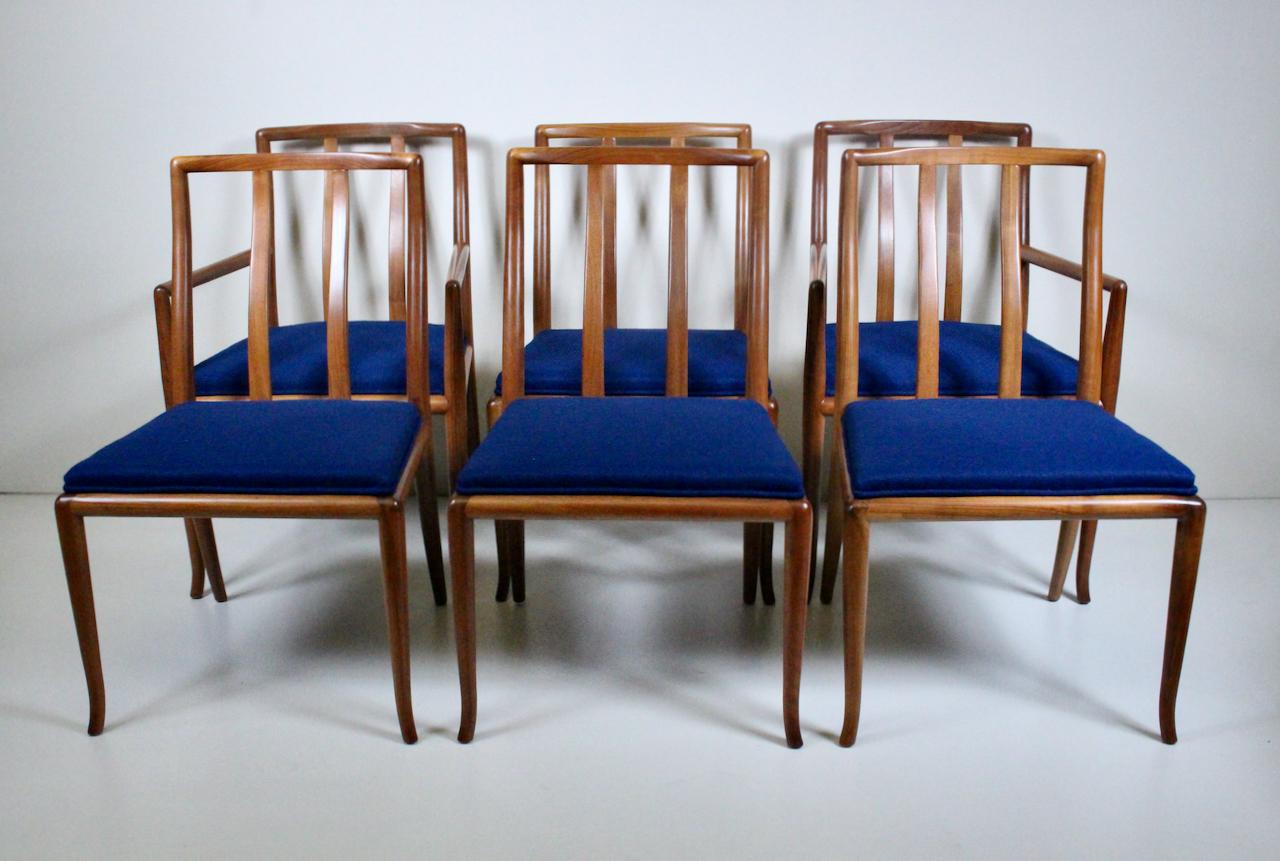 Mid-20th Century Set of 6 T. H. Robsjohn Gibbings for Widdicomb Sabre Walnut Dining Chairs, 1950s For Sale