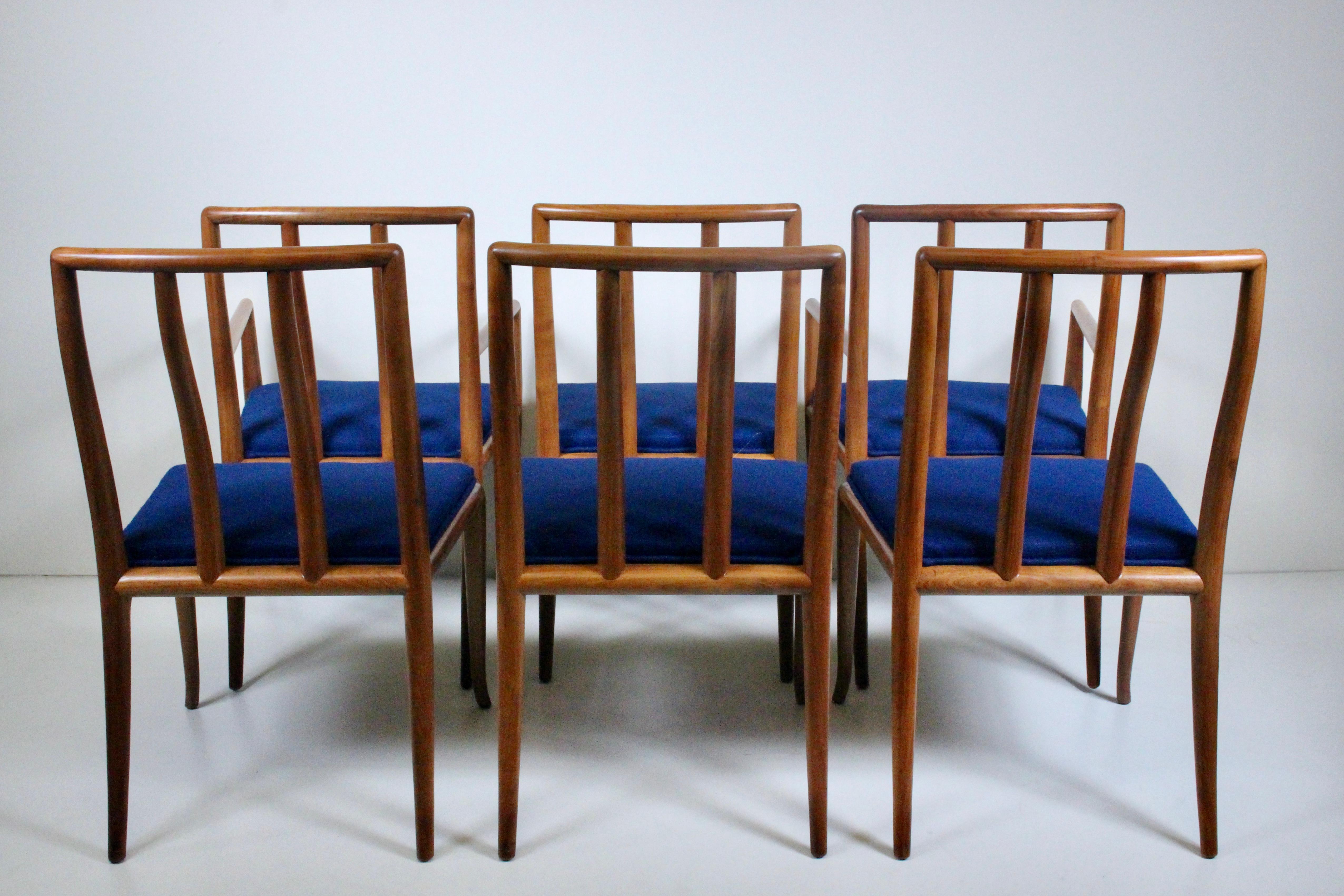 Fabric Set Six T. H. Robsjohn Gibbings for Widdicomb Sabre Walnut Dining Chairs, 1950's