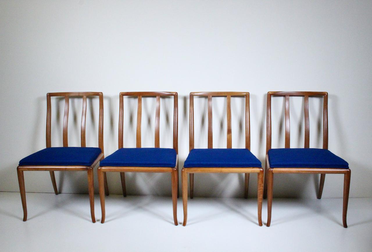 Fabric Set of 6 T. H. Robsjohn Gibbings for Widdicomb Sabre Walnut Dining Chairs, 1950s For Sale