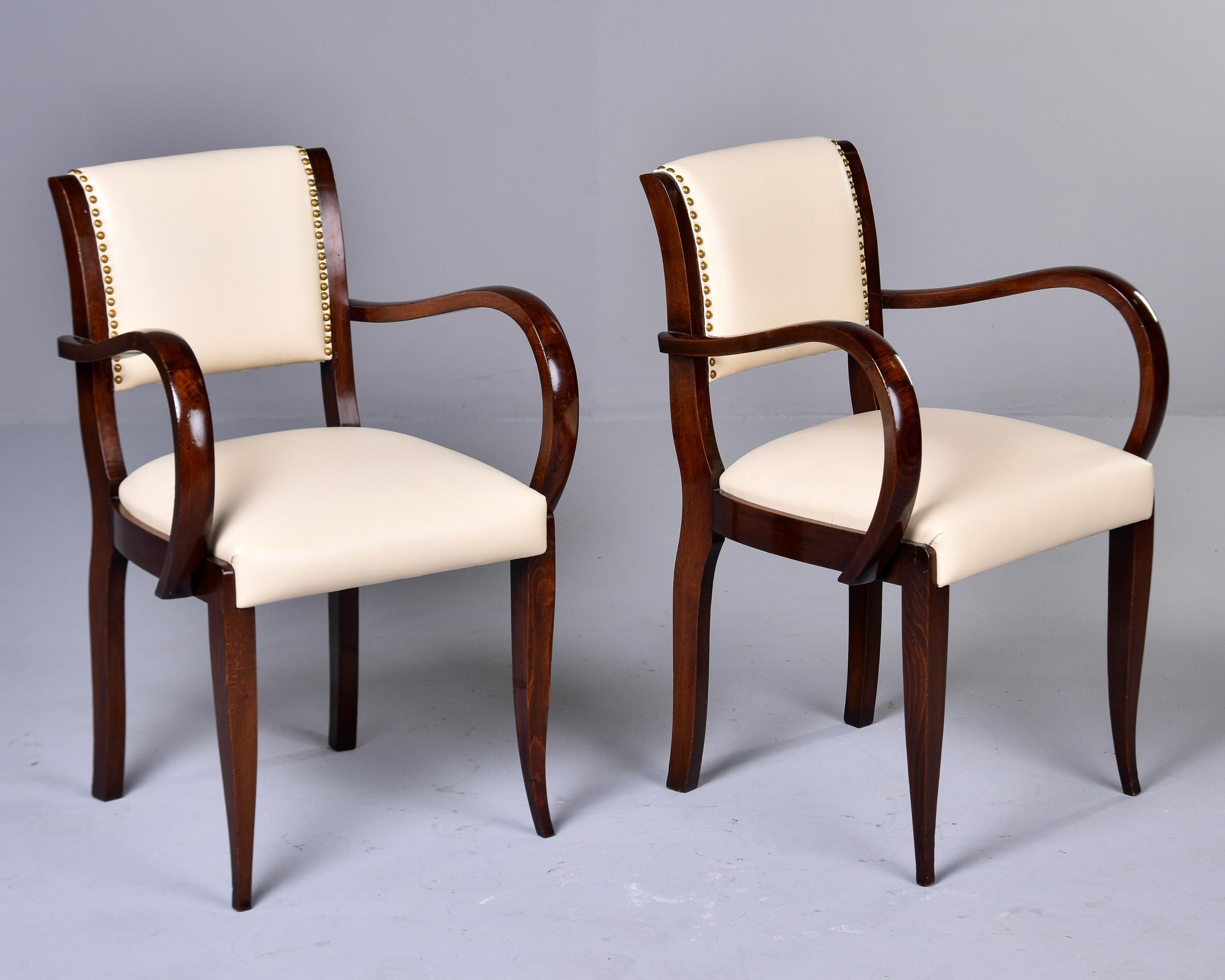 Set Six Vintage French Curved Arm Walnut Chairs with New Leather Upholstery For Sale 4