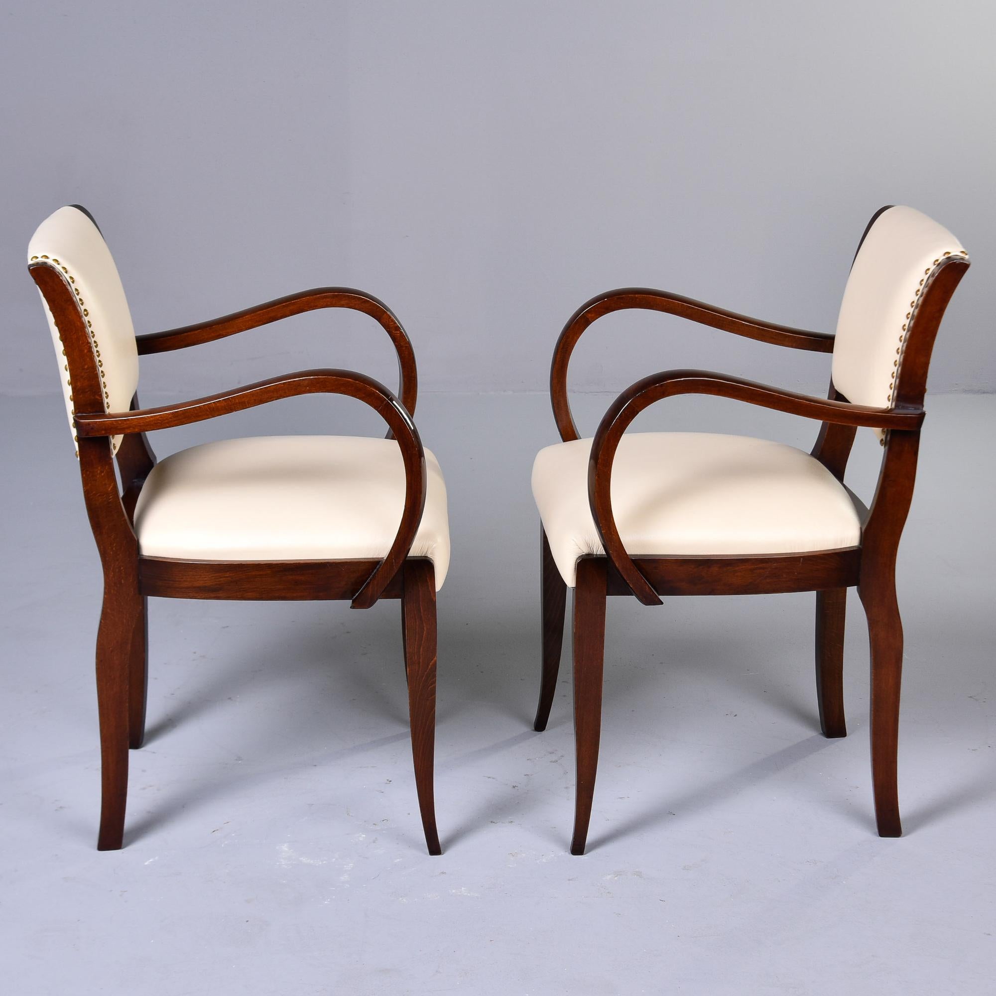 Set Six Vintage French Curved Arm Walnut Chairs with New Leather Upholstery For Sale 6