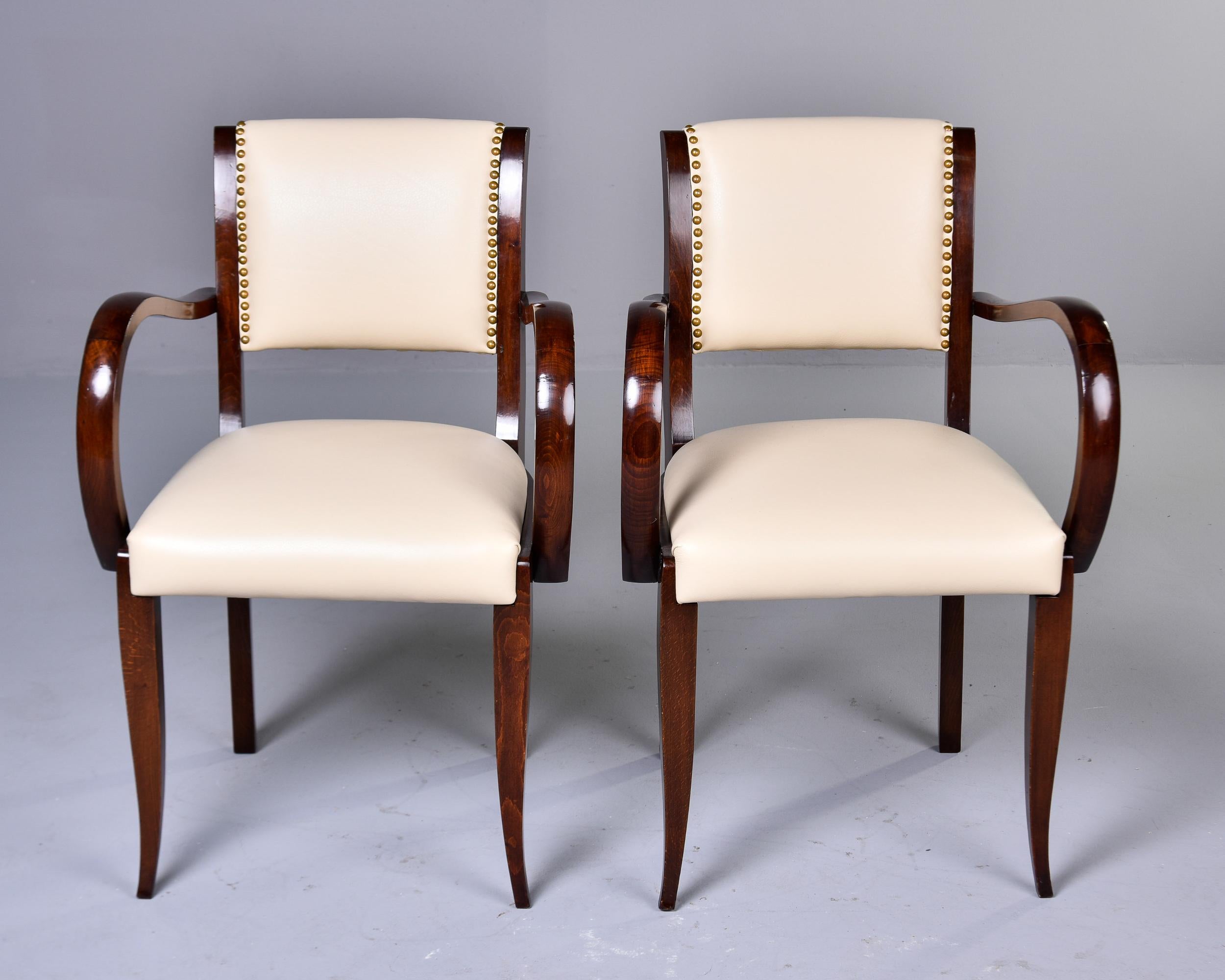 Mid-Century Modern Set Six Vintage French Curved Arm Walnut Chairs with New Leather Upholstery For Sale