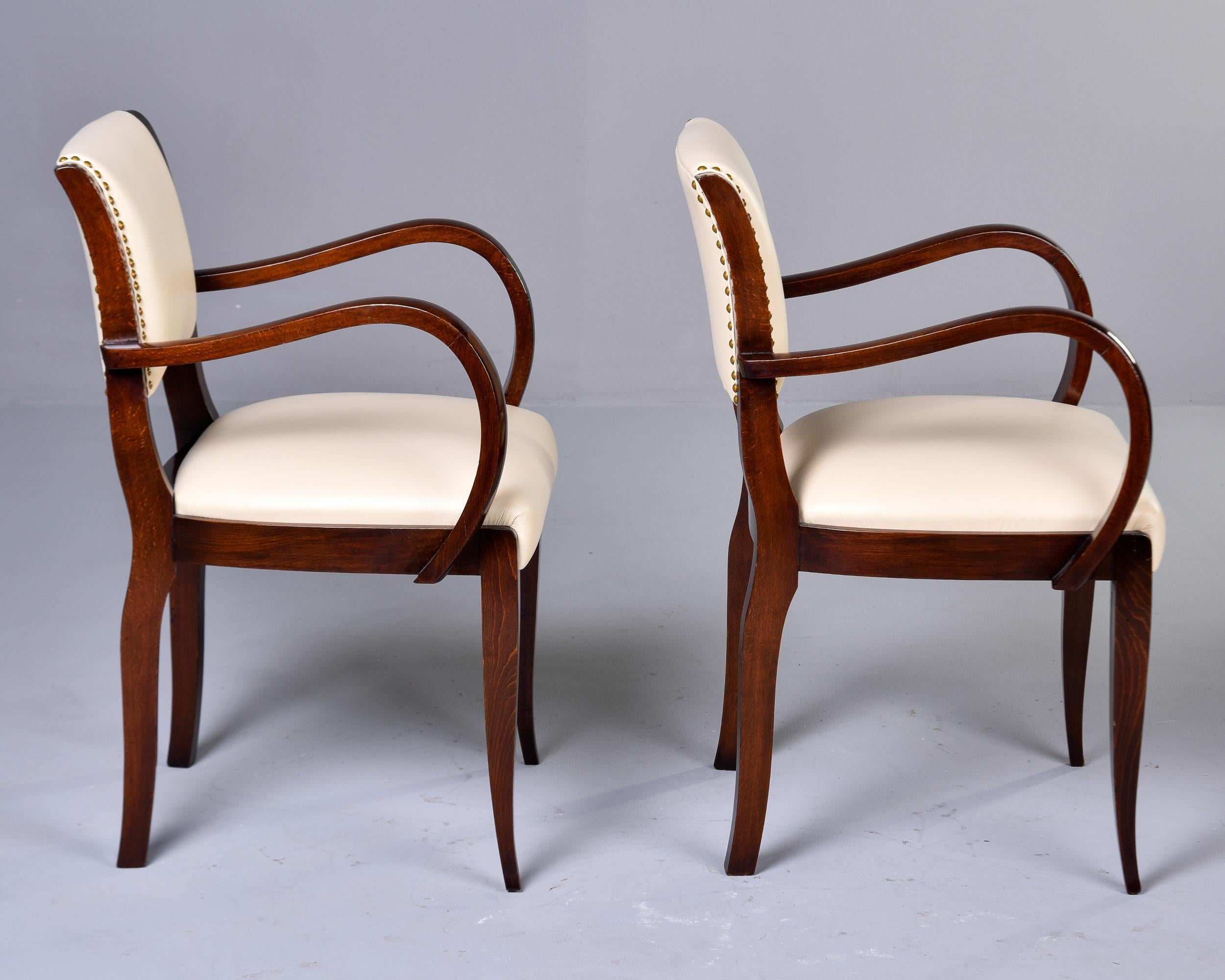 Set Six Vintage French Curved Arm Walnut Chairs with New Leather Upholstery For Sale 3