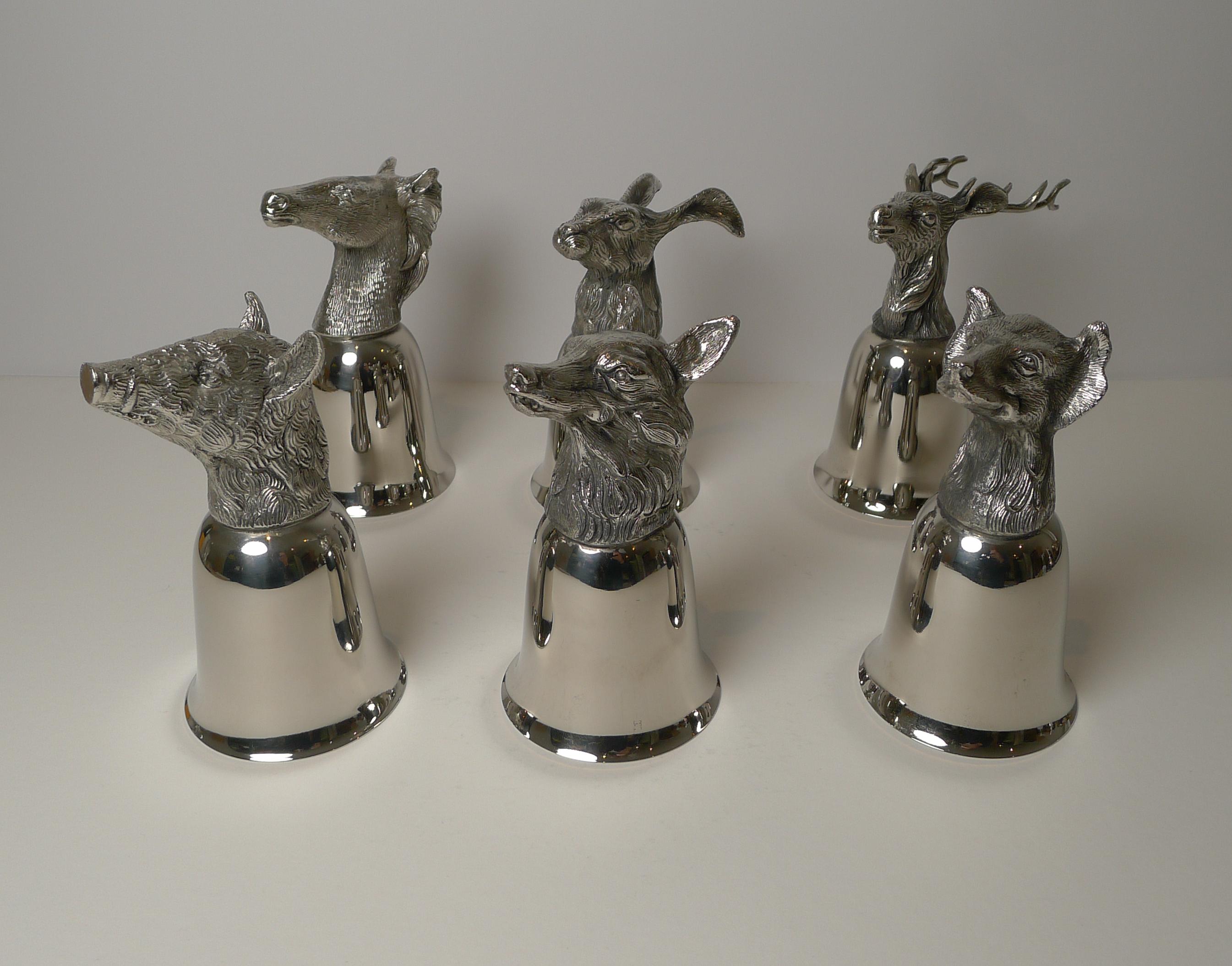 Silver Plate Set Six Vintage Italian Animal Head Stirrup Cups, c.1970