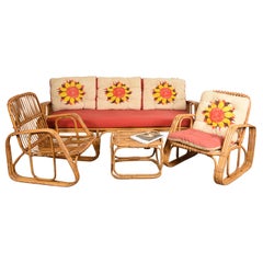 Set Sofa Two Armchairs and Coffee Table Rattan Bamboo Midcentury, Italy, 1960s