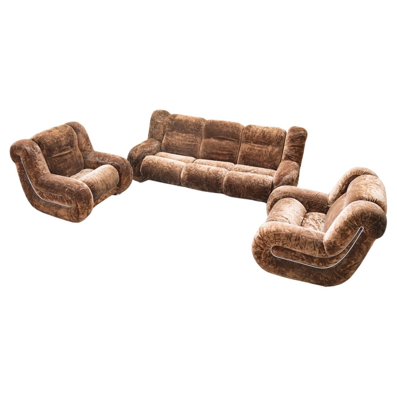 Living room set, 3-seater sofa and 2 beige chenille armchairs, 1970s