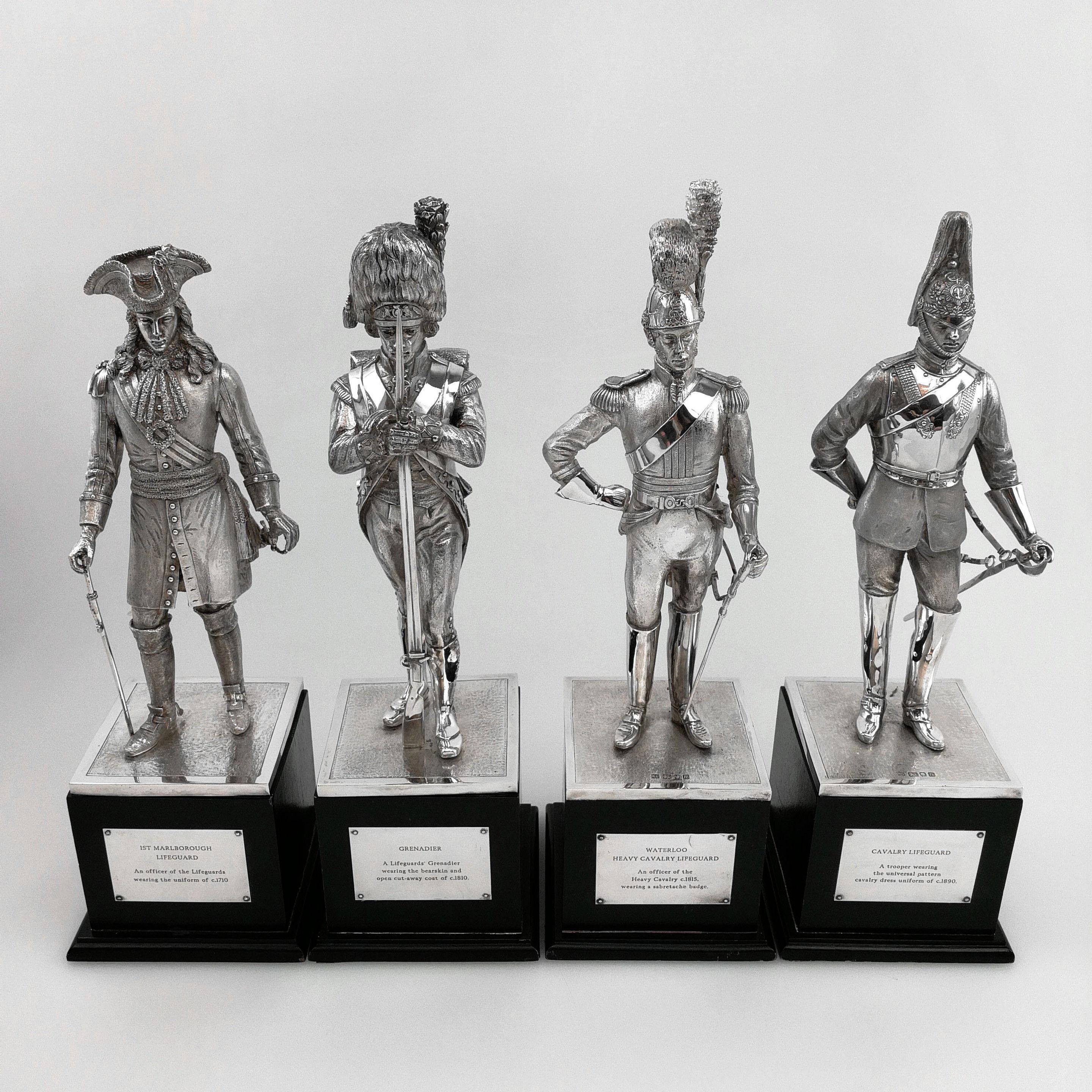 A magnificent set of Four sterling Silver Military Models depicting members of the Lifeguards Regiment over the period, circa 1710 - 1830. Each figure is modelled with an incredible attention to detail, showing the uniform, equipment and weapons