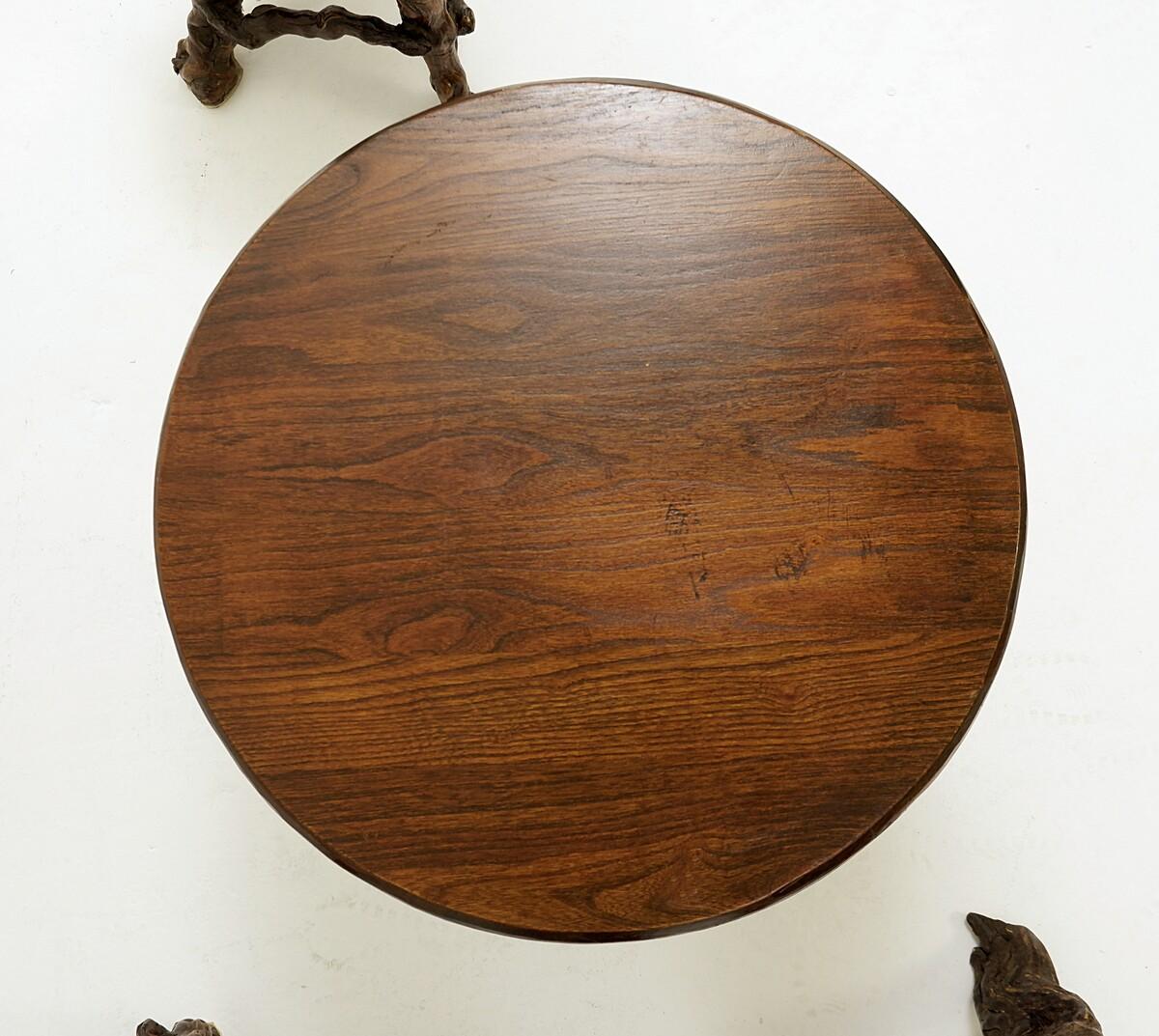 Wood set table/stools with round slab seat and legs constructed from vines - set of 4 For Sale