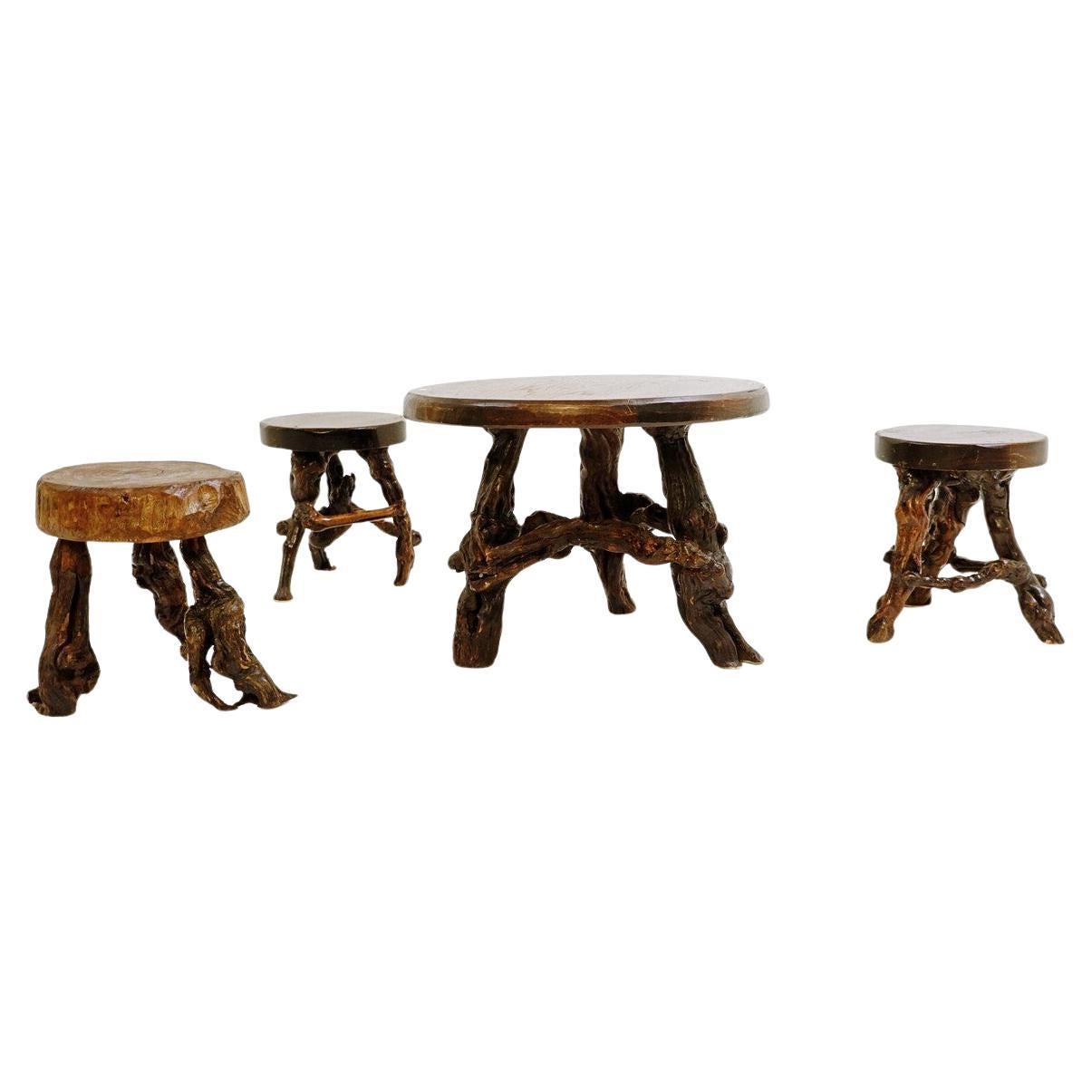 set table/stools with round slab seat and legs constructed from vines - set of 4 For Sale