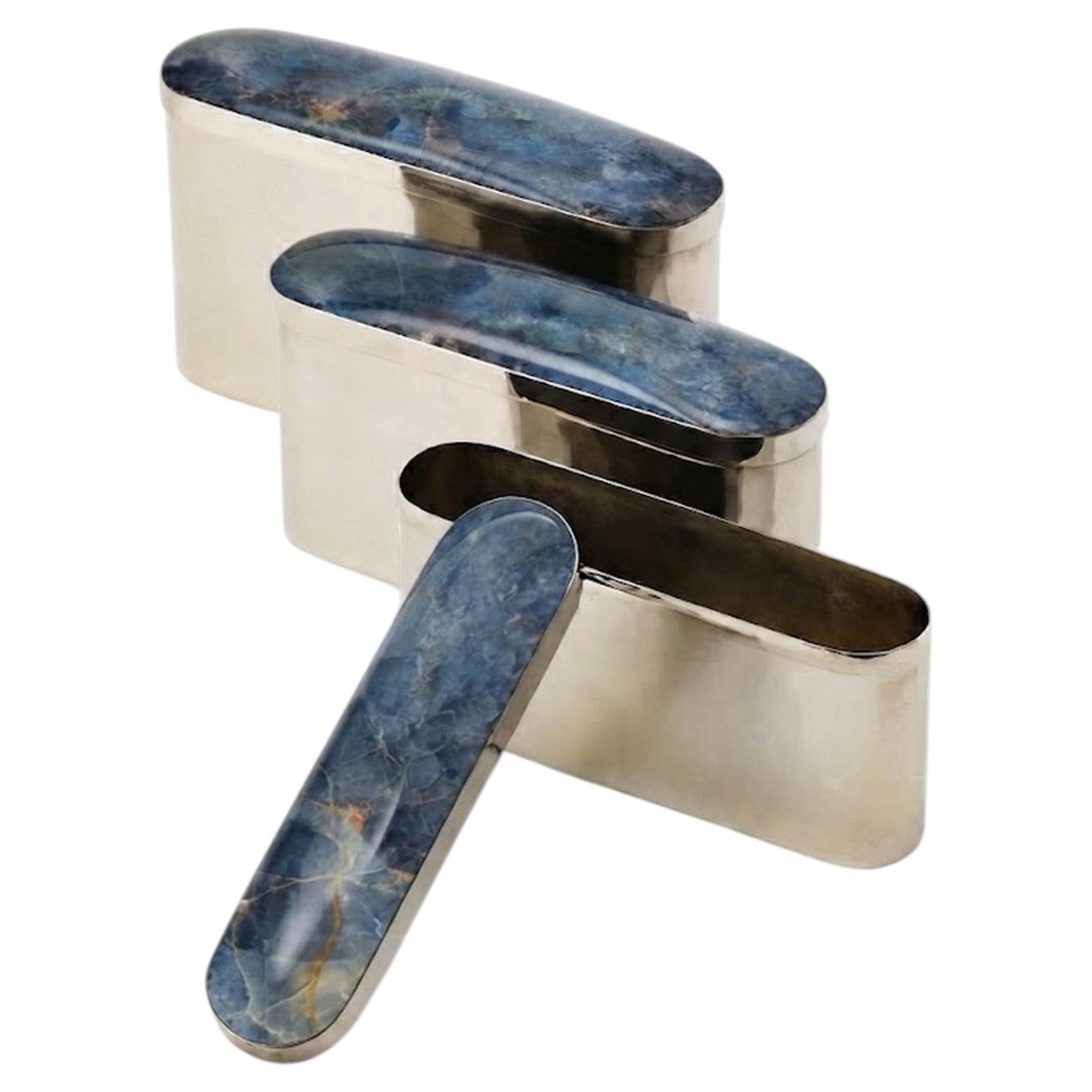 SET Tafi Onyx Oval Boxes, Alpaca Silver & Blue Onyx Stone