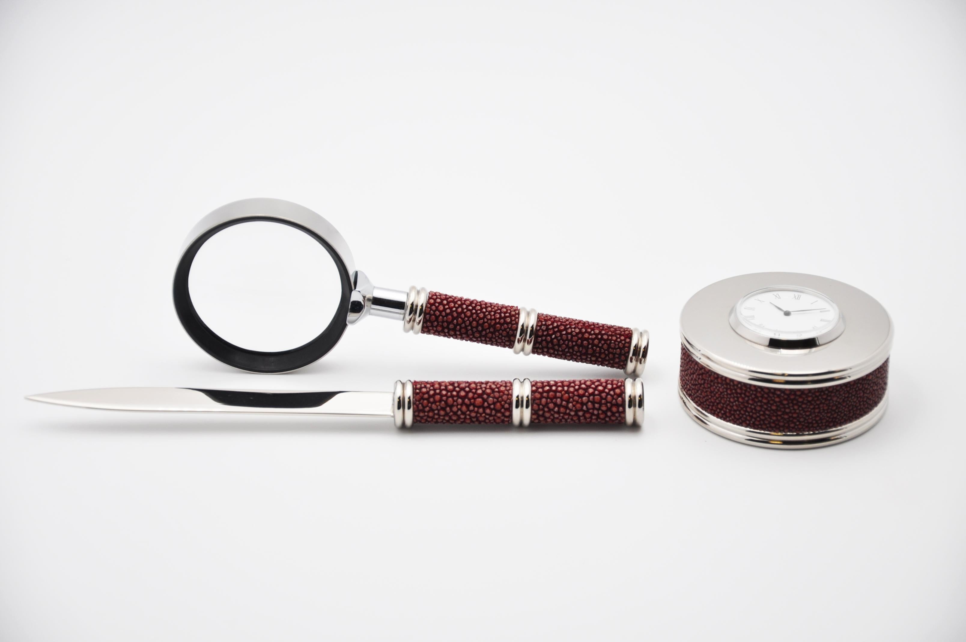 Polished Trio of Shagreen Genuine Leather Desk Accessories - Galucharme Collection For Sale