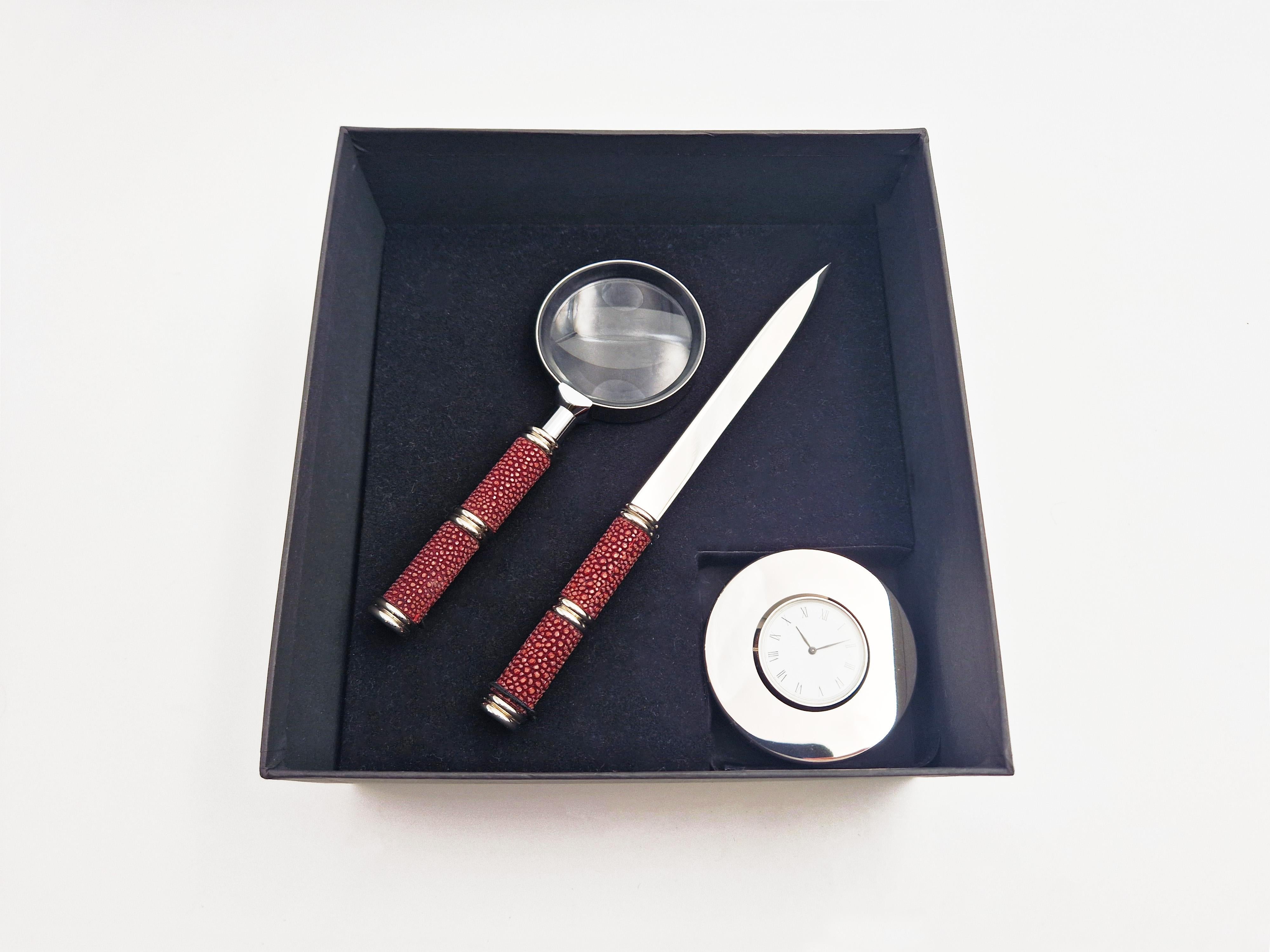 Trio of Shagreen Genuine Leather Desk Accessories - Galucharme Collection In New Condition For Sale In Spilimbergo, IT