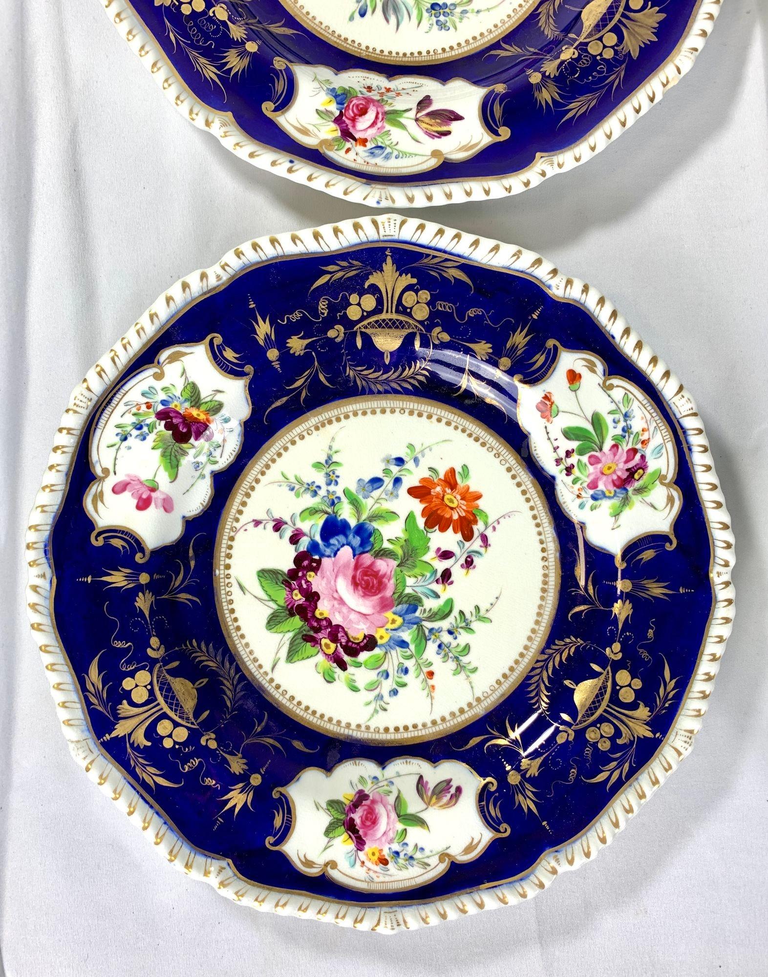 English Set Ten Antique Derby Cobalt Blue Dinner Plates England Circa 1825-30 For Sale