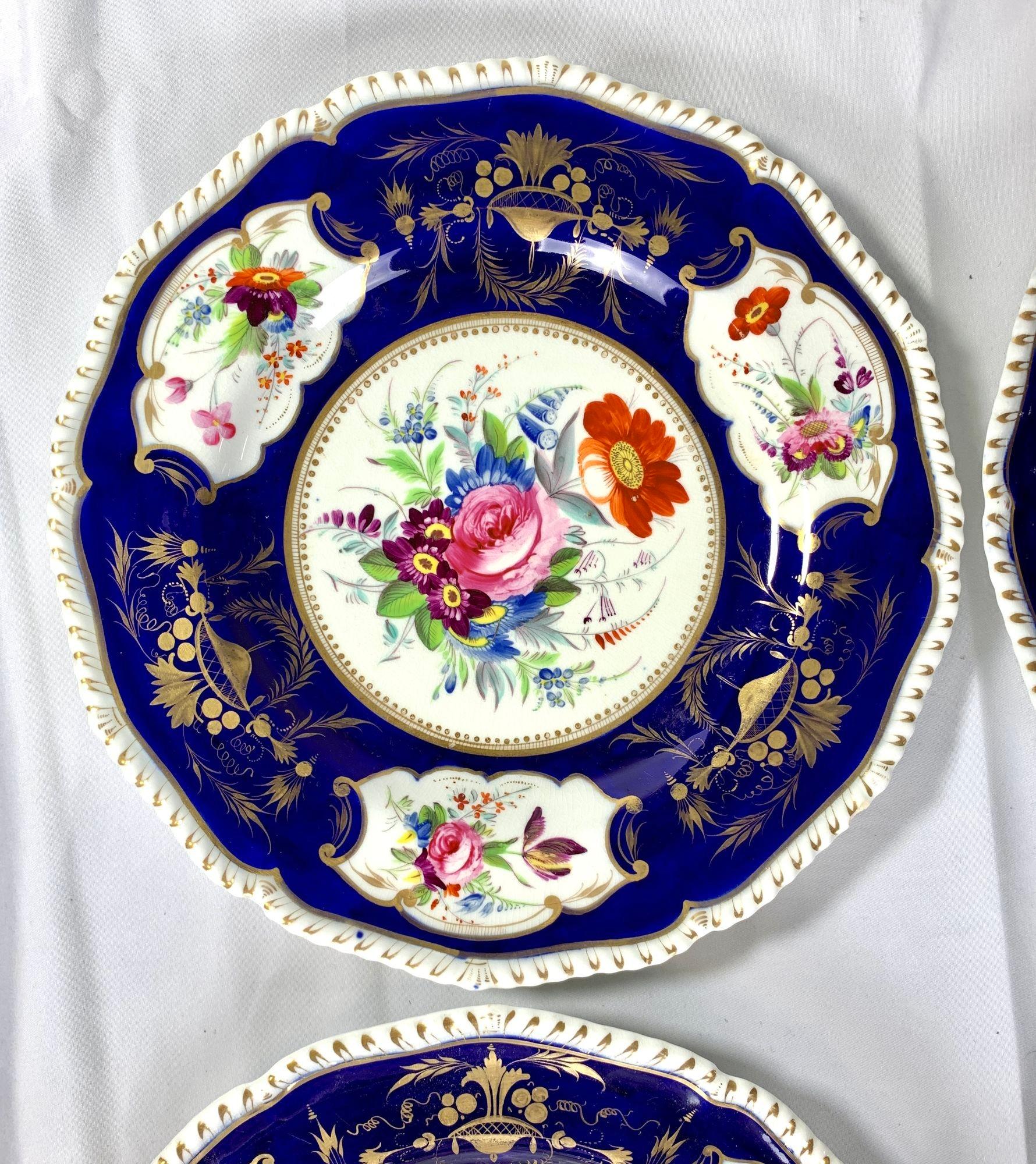 Hand-Painted Set Ten Antique Derby Cobalt Blue Dinner Plates England Circa 1825-30 For Sale